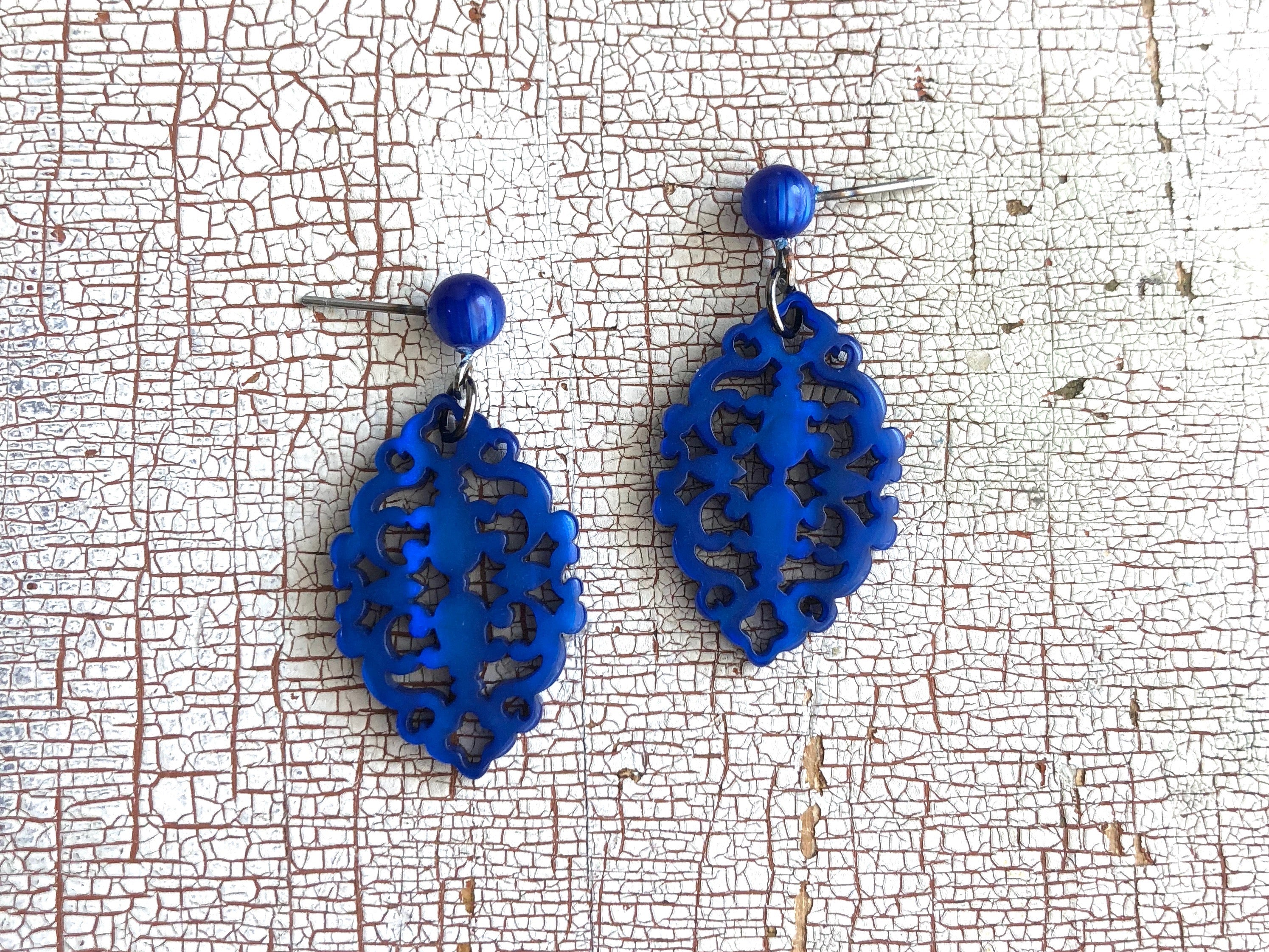 laser carved blue earrings