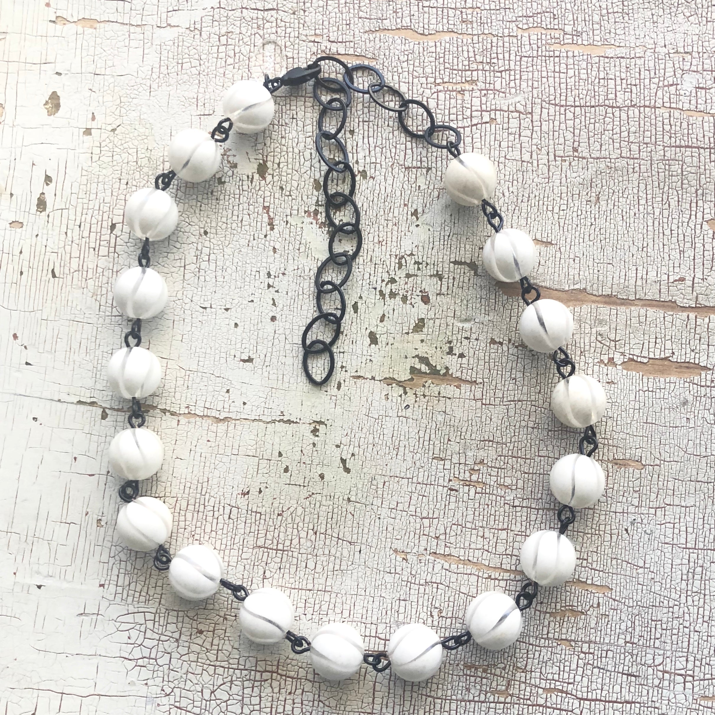 White &amp; Clear Striped Beaded Amelia Necklace