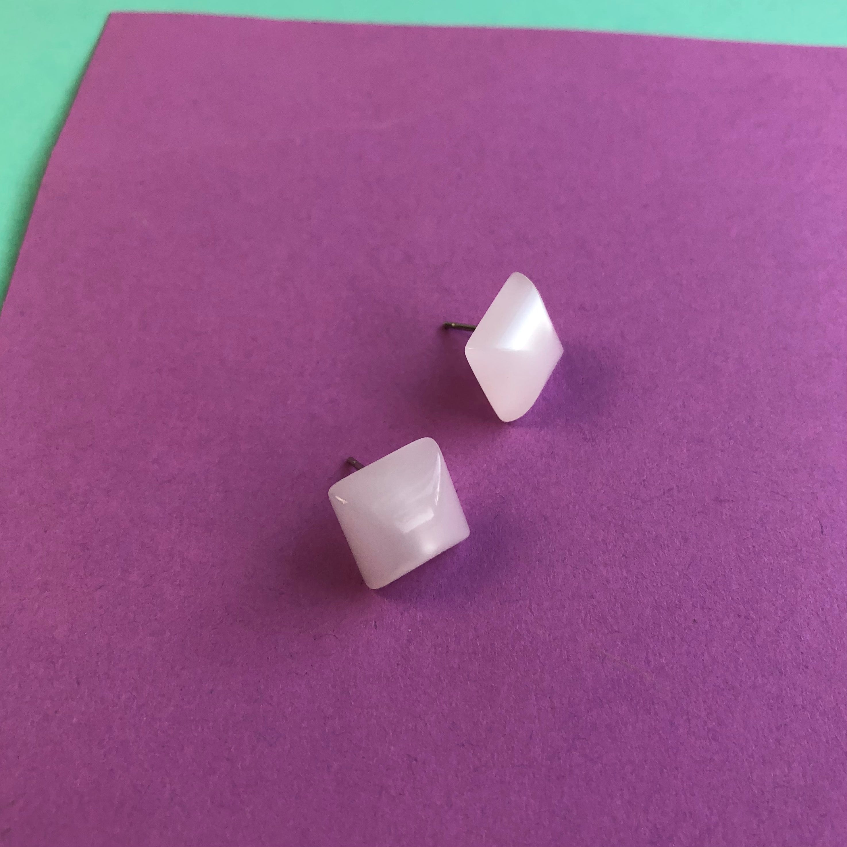 White Moonglow Beveled Square Stud Earrings