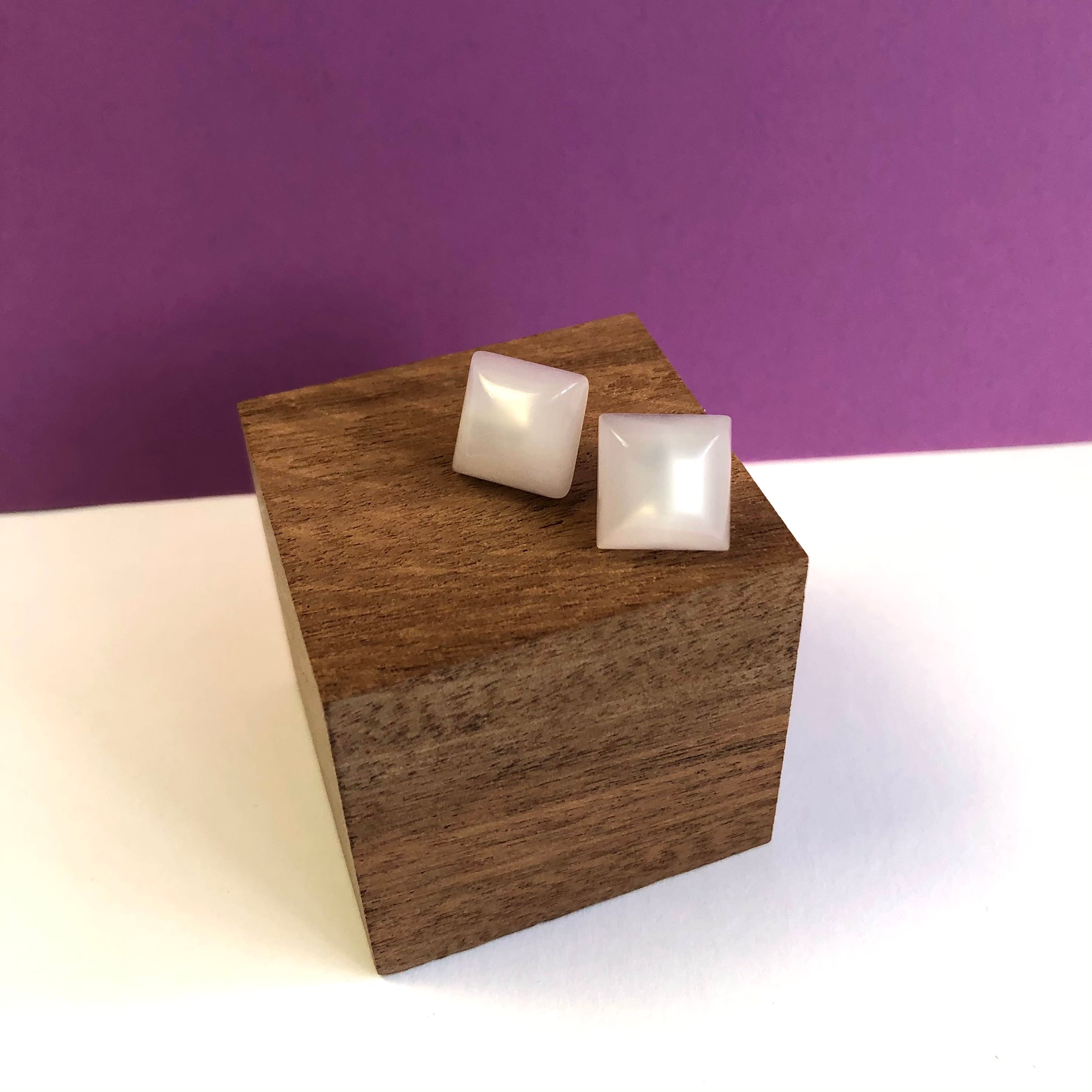 White Moonglow Beveled Square Stud Earrings