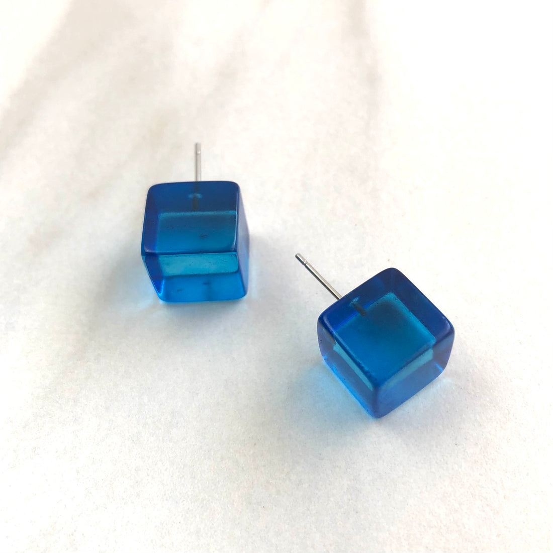 Aqua Blue Transparent Jumbo Cube Stud Earrings