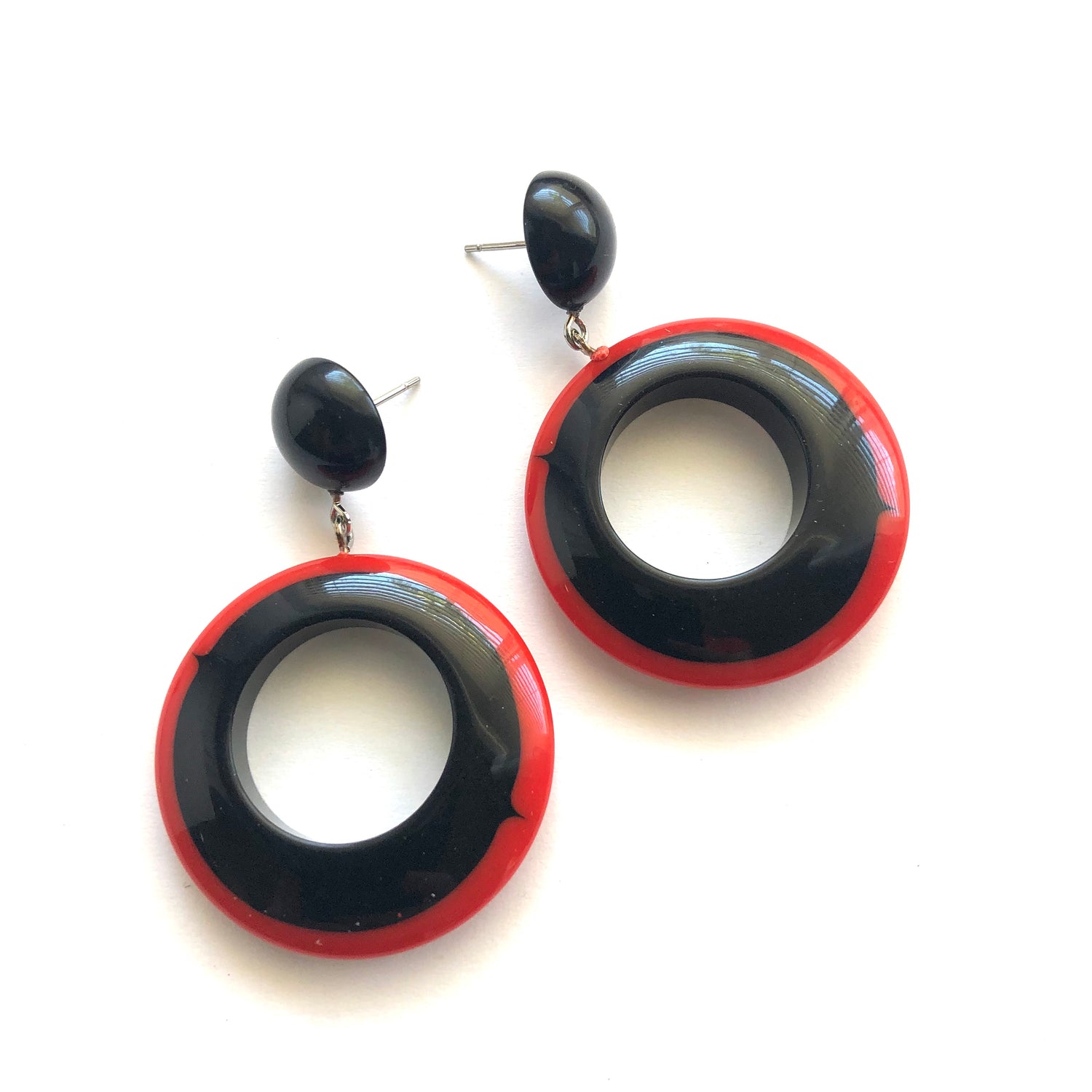 Red Striped Black Donut Drop Earrings