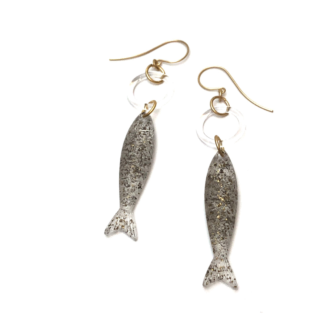 Gold Glitter &amp; Clear Fish A Lure-Ing Earrings