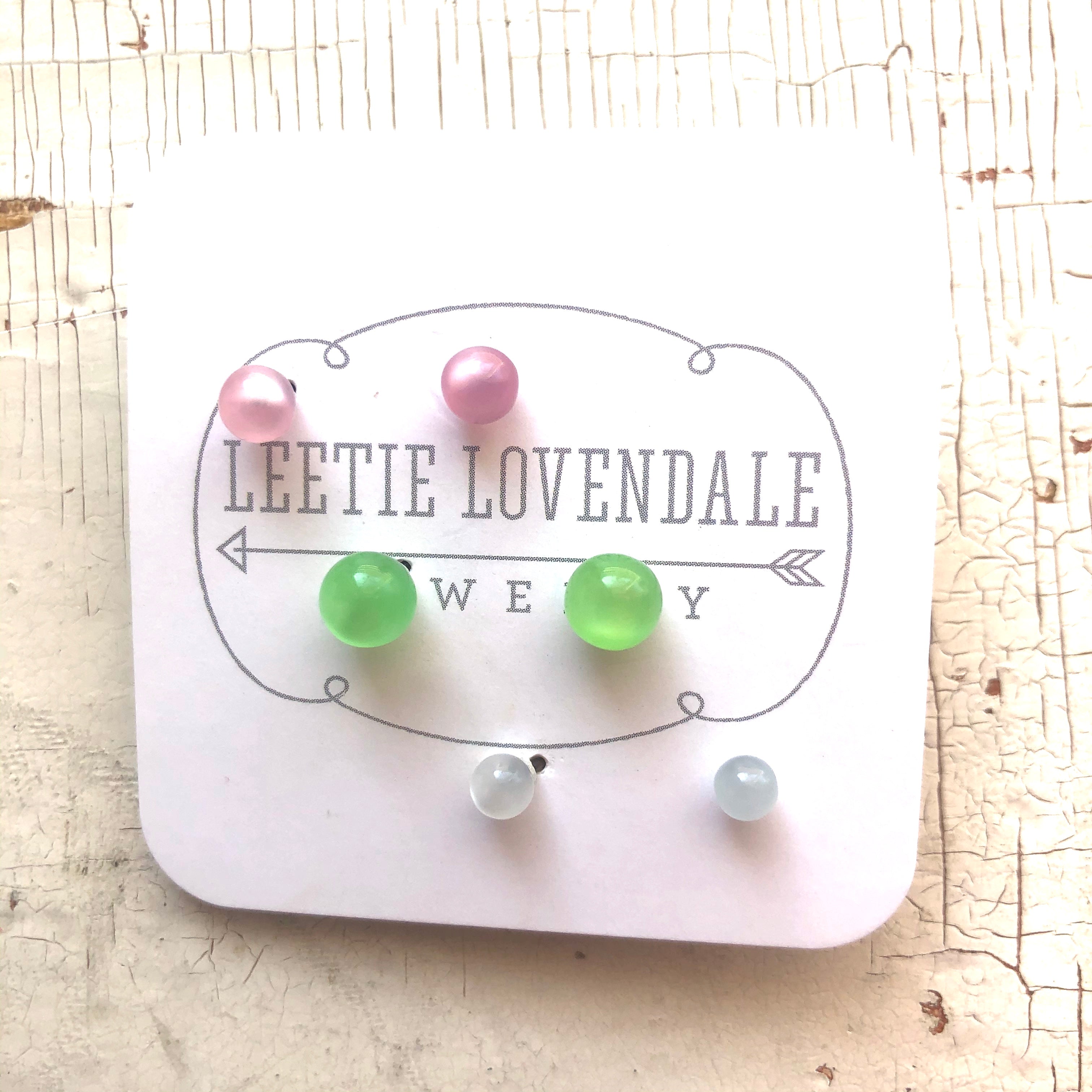 Pink Green and Ice Blue Moonglow Tiny Stud Earrings Set