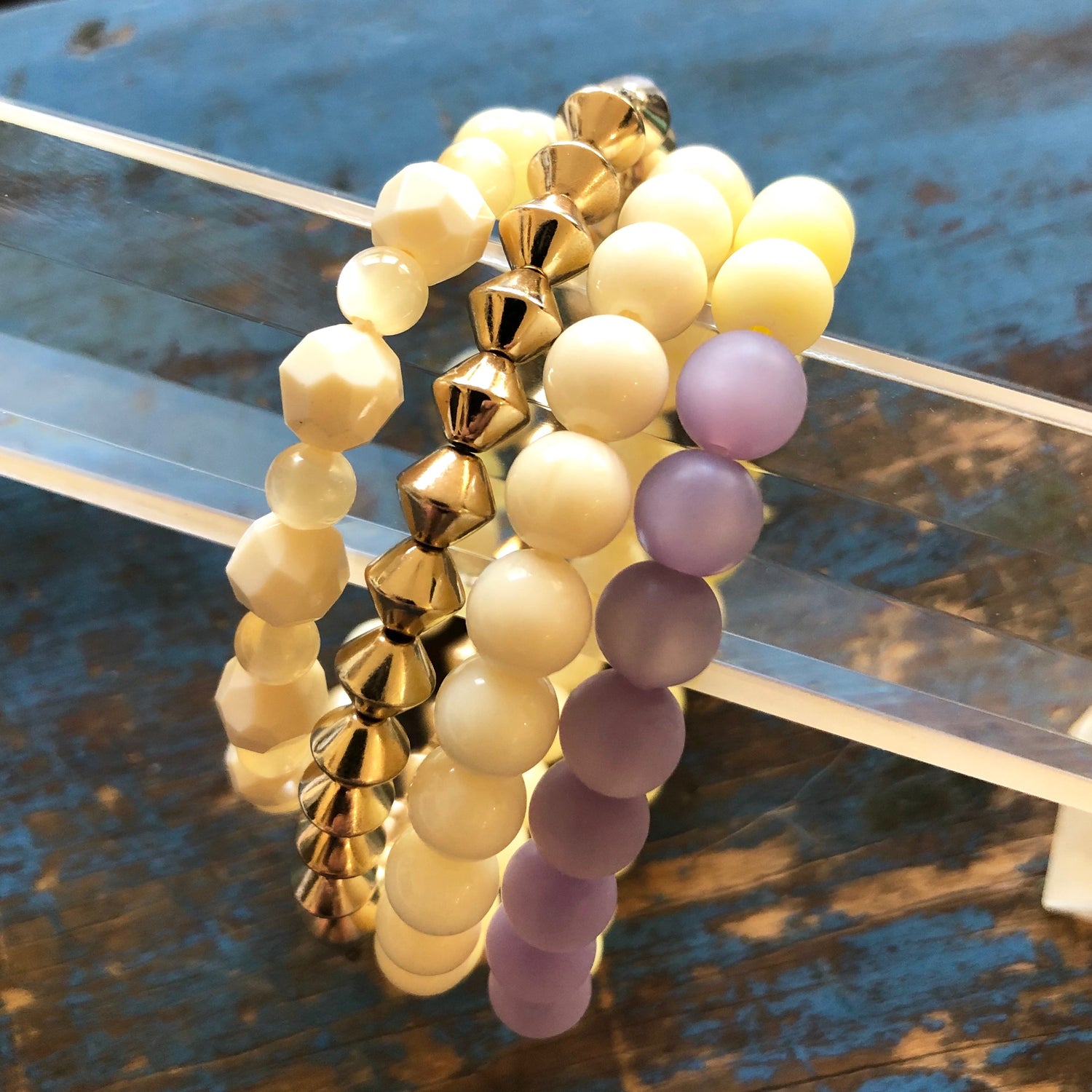 Cream &amp; Lilac and Golds Stack &amp; Stretch Bracelets Set *