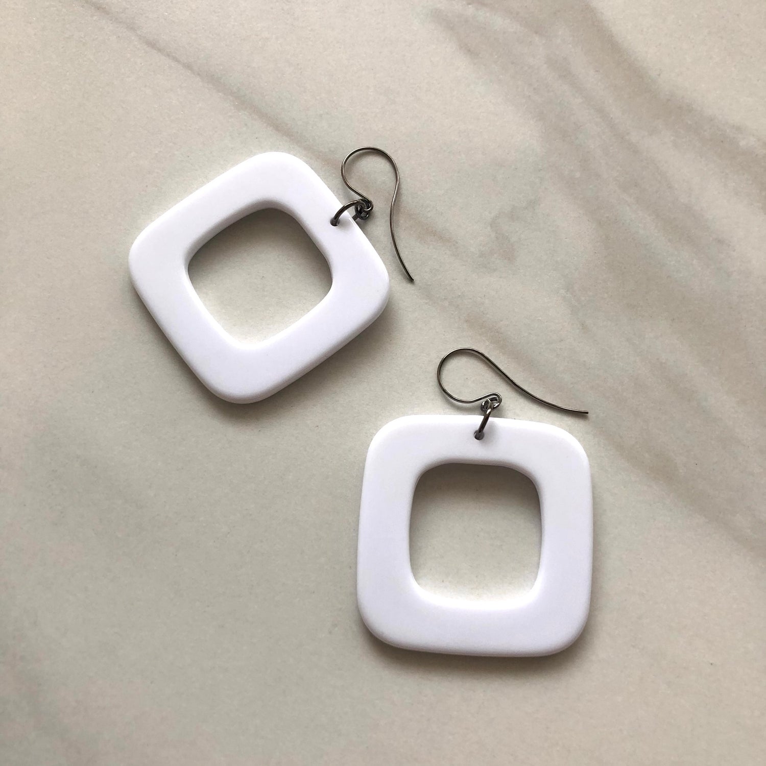White Deco Square Donut Drop Earrings
