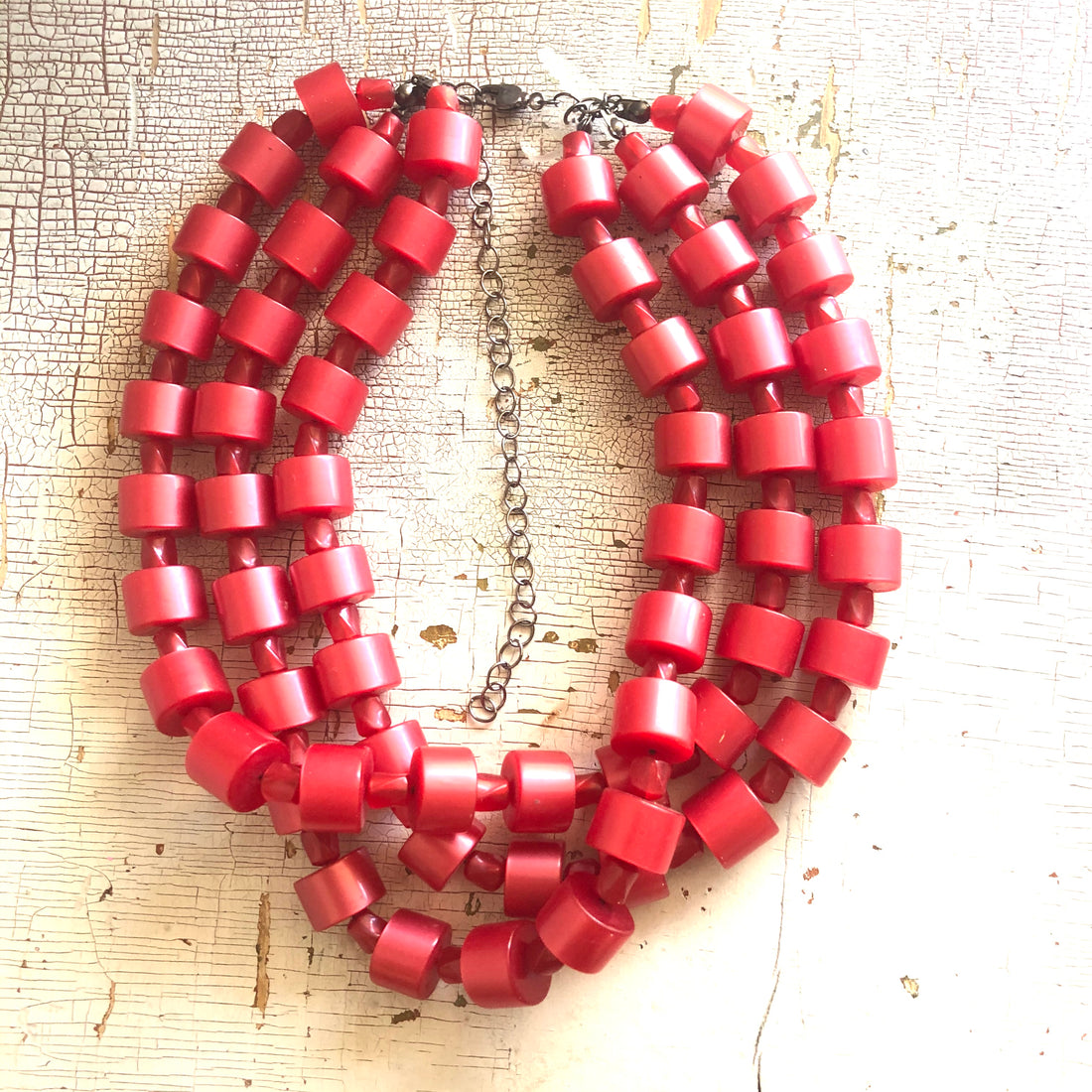 Cherry Red Beaded Tube Multi Strand Morgan Necklace