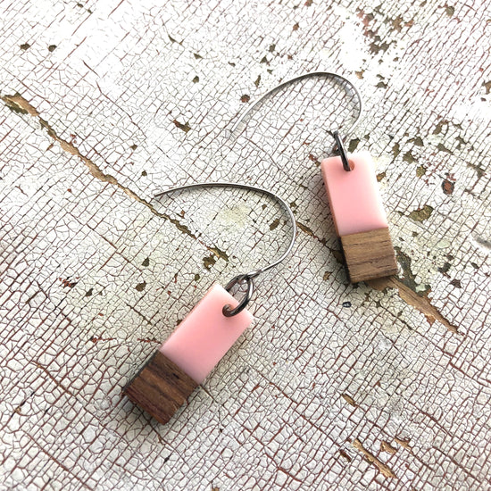 Pink Resin & Wood Rectangle Drop Earrings