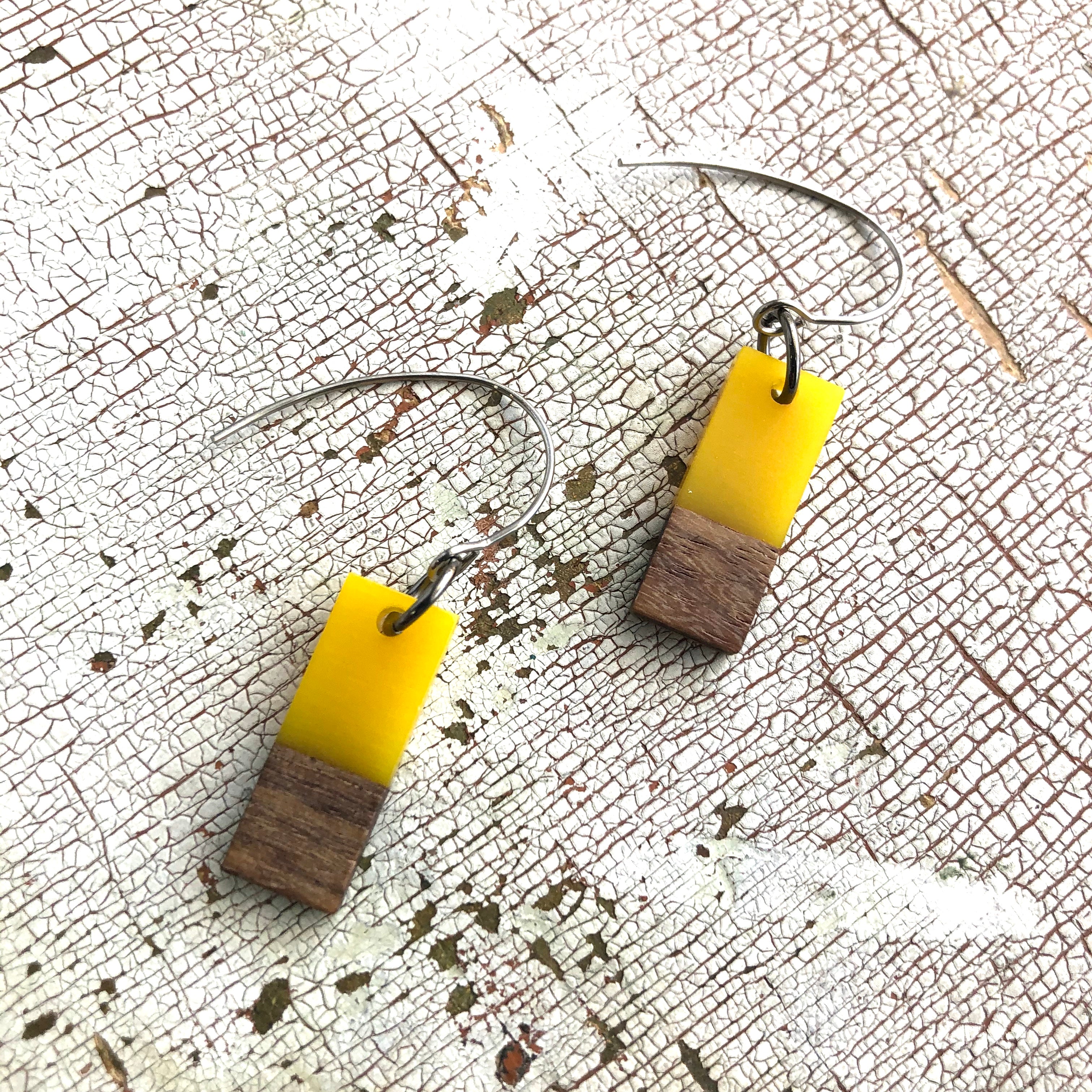 Yellow Resin &amp; Wood Rectangle Drop Earrings