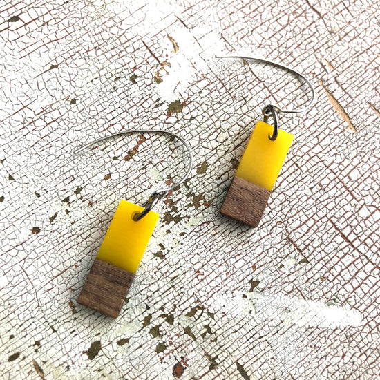 Yellow Resin & Wood Rectangle Drop Earrings