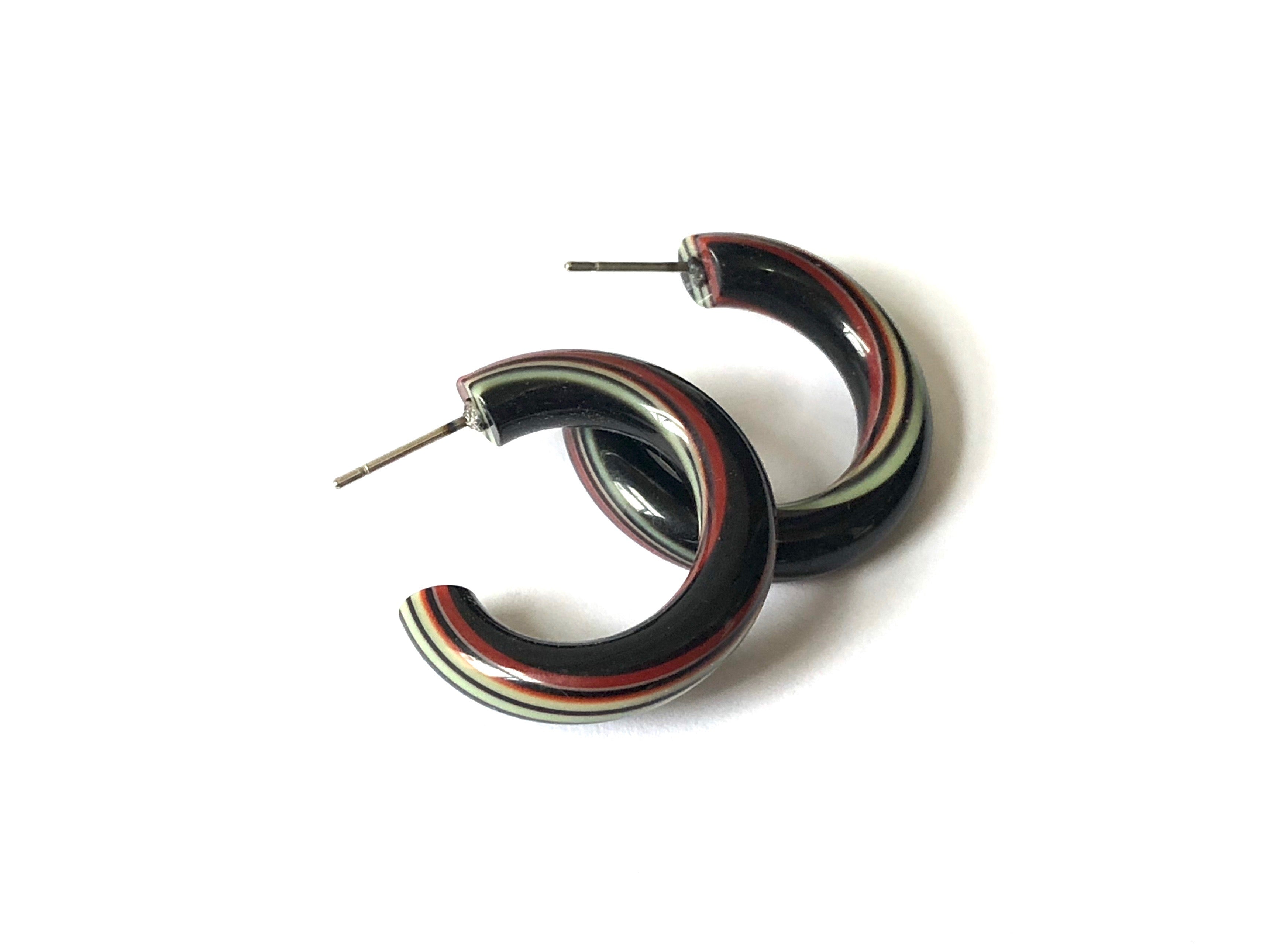 Black Lime &amp; Red Striped Tube Hoop Earrings
