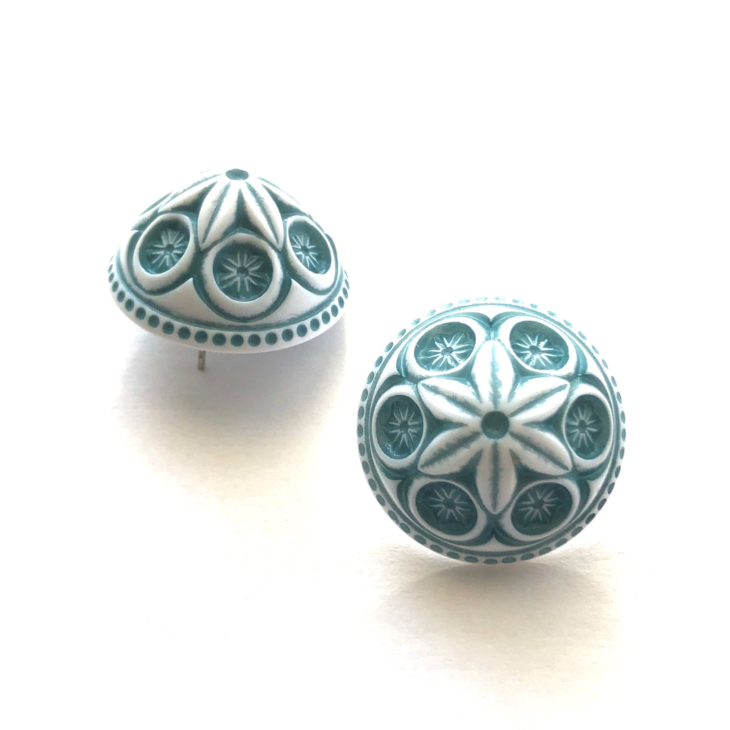 Teal Carved Cornflower Retro Button Stud Earrings