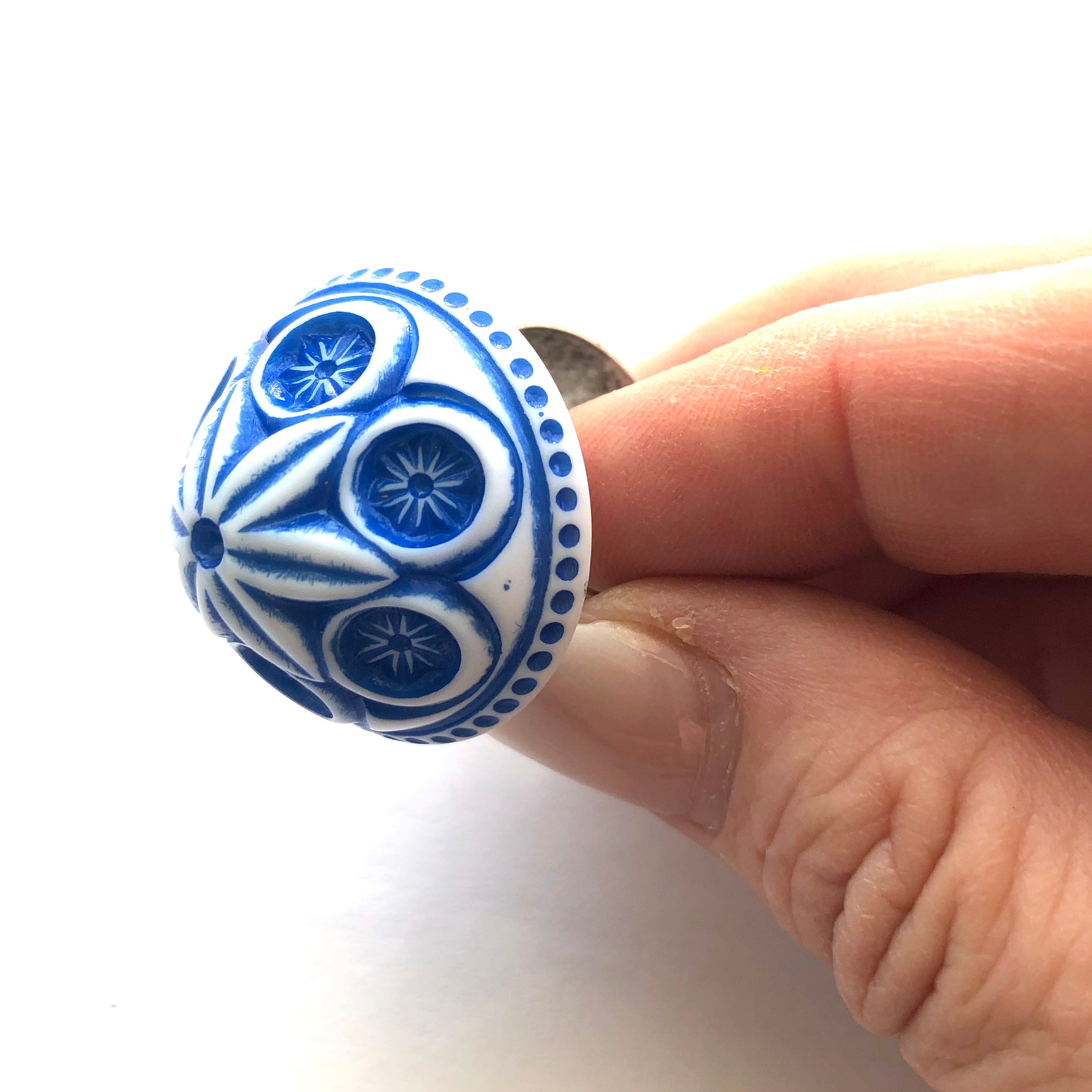 Deep Blue Carved Cornflower Lucite Silver Cocktail Ring
