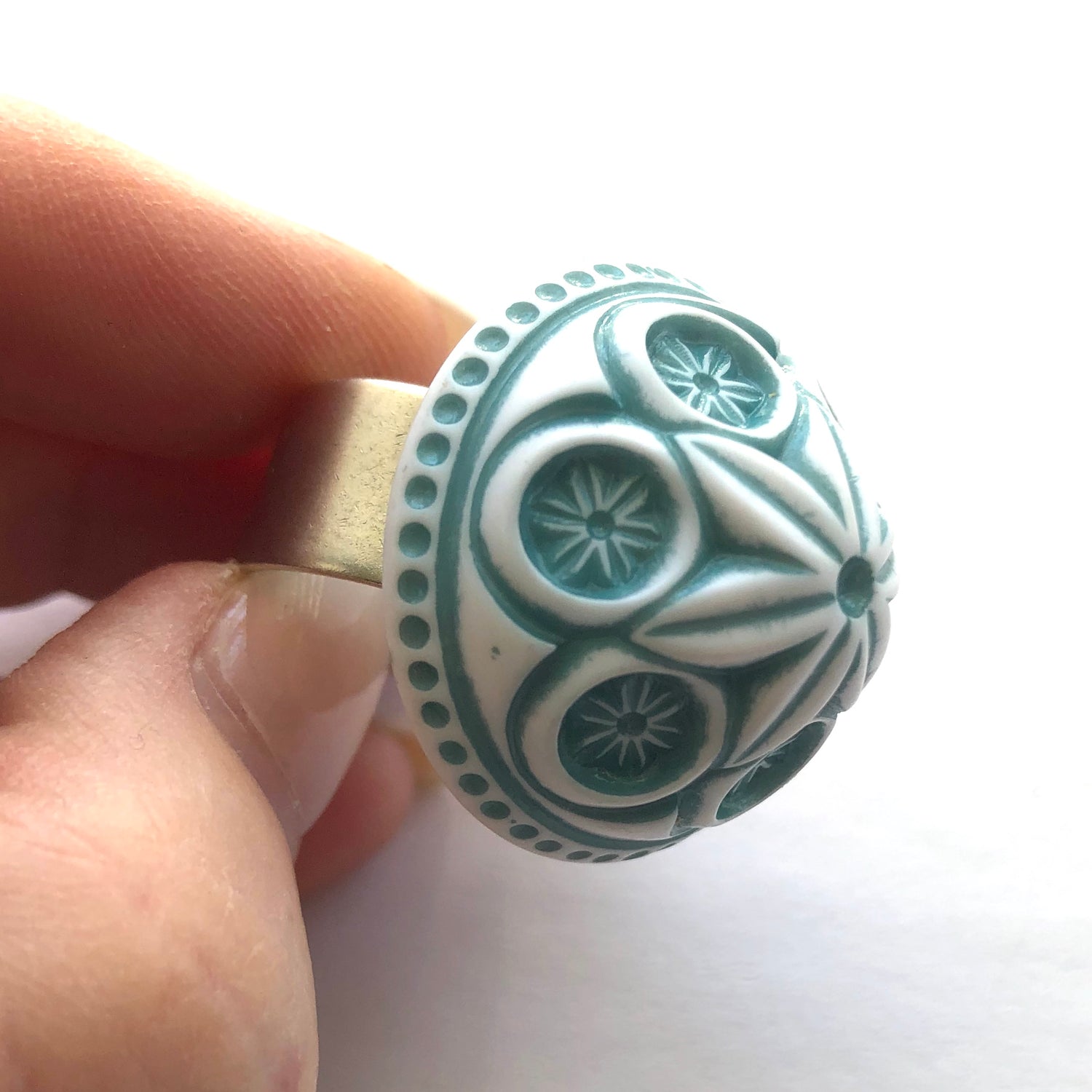 Teal Carved Cornflower Lucite Silver Cocktail Ring