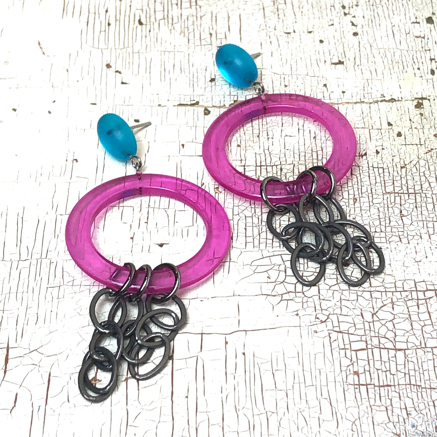 Pink &amp; Aqua Stephanie Chain Earrings