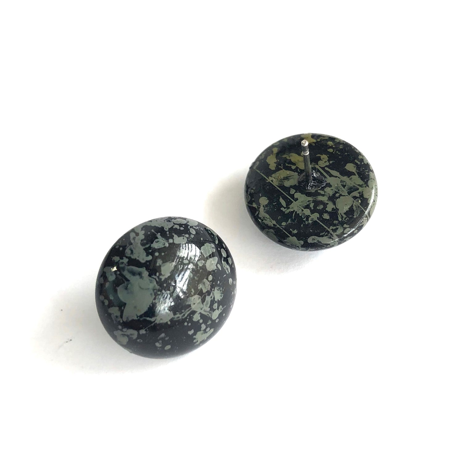 Black &amp; Grey Paint Spattered Retro Button Stud Earrings
