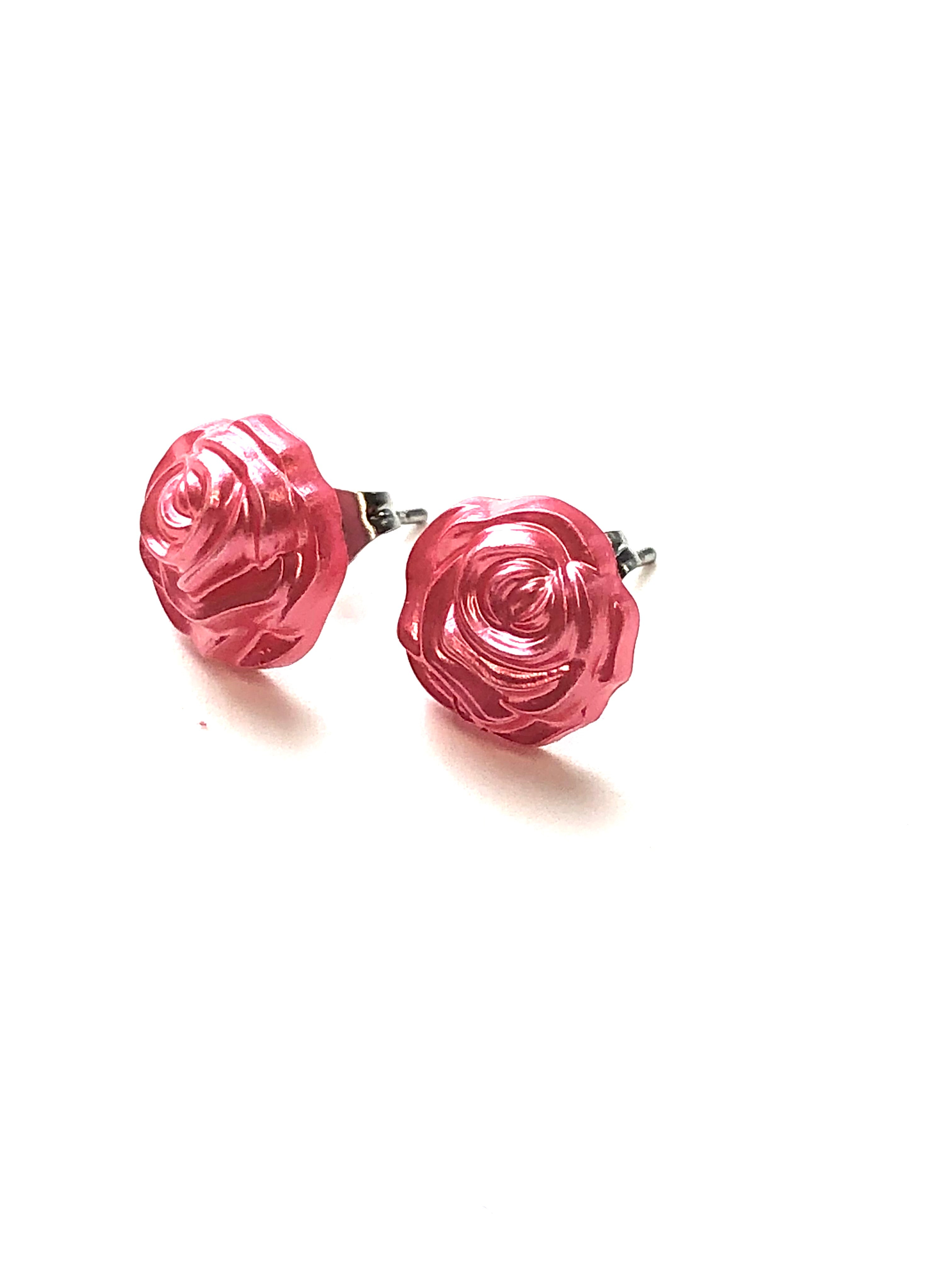 French Pink Pearl Rose Button Stud Earrings