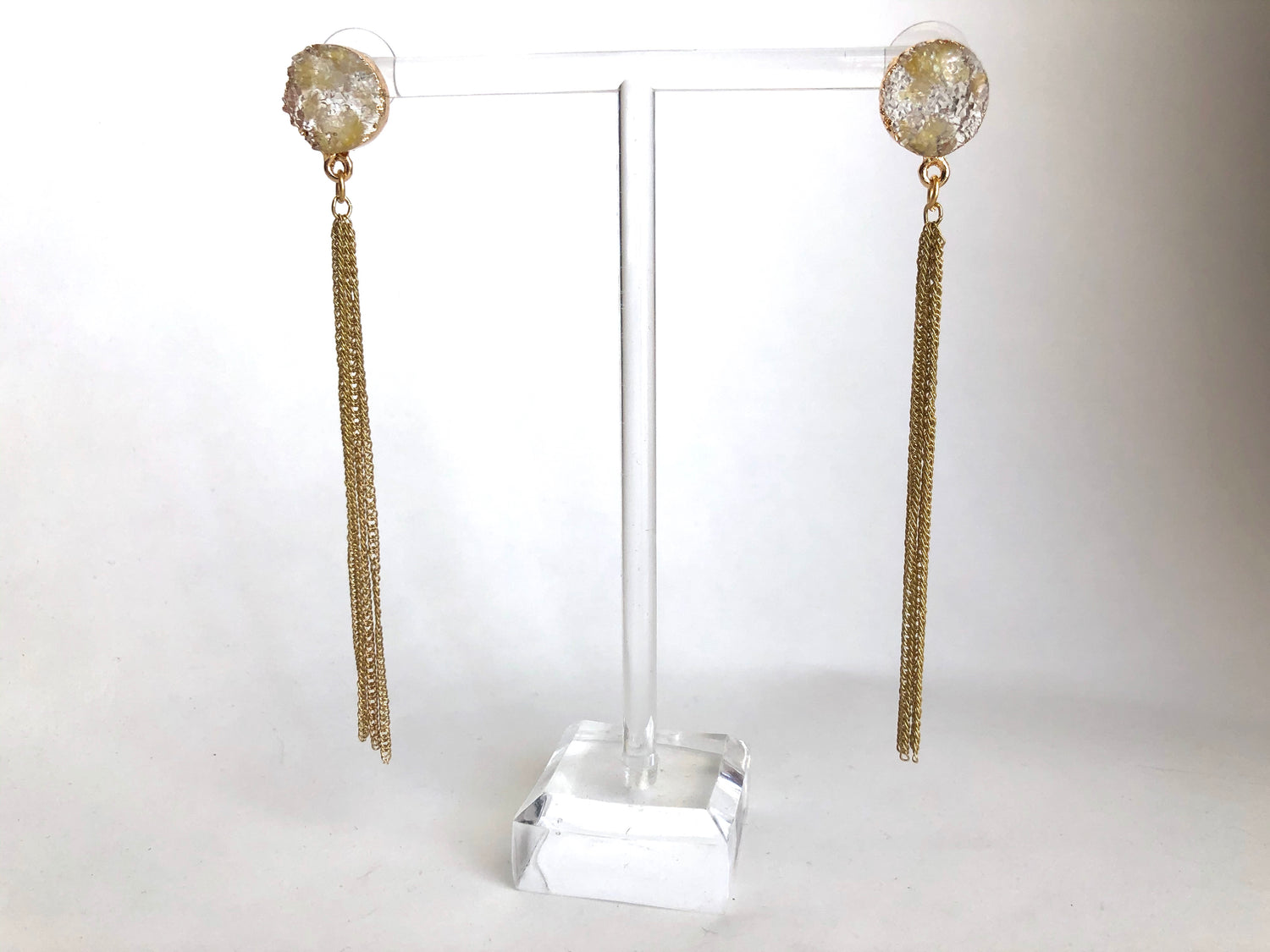Clear &amp; Gold Druzy Resin Waterfall Drop Earrings