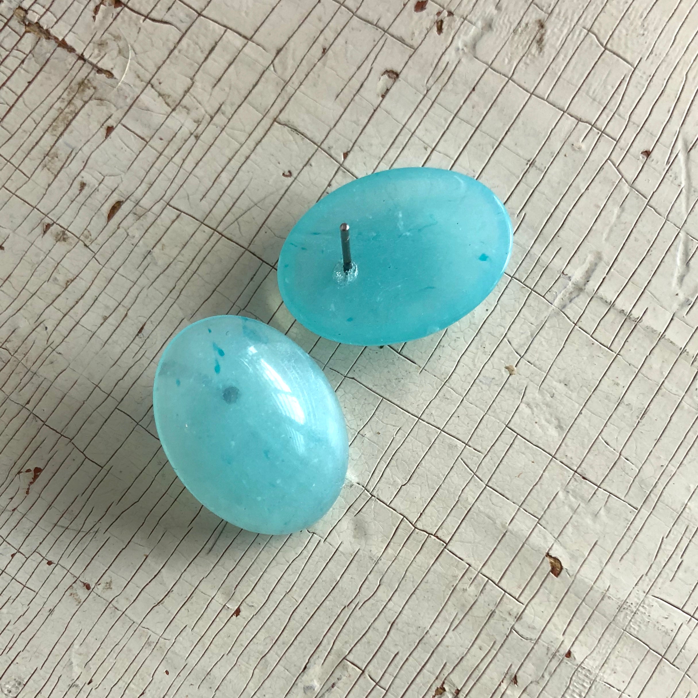 Aqua Blue Translucent Marbled Oval Button Stud Earrings