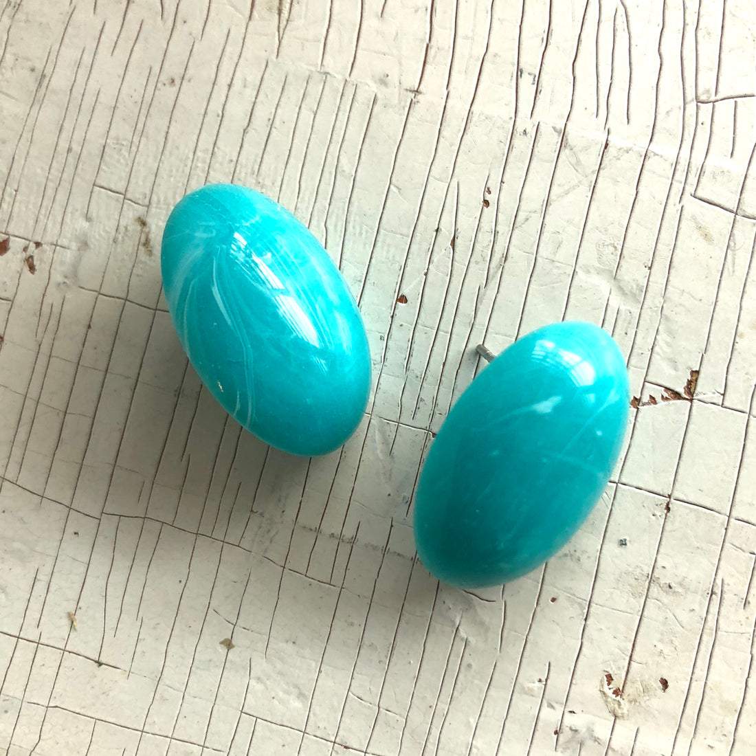 Bright Turquoise Marbled Oval Button Stud Earrings