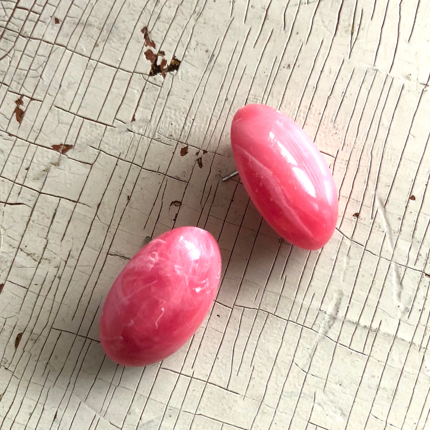 Neon Pink Marbled Oval Button Stud Earrings