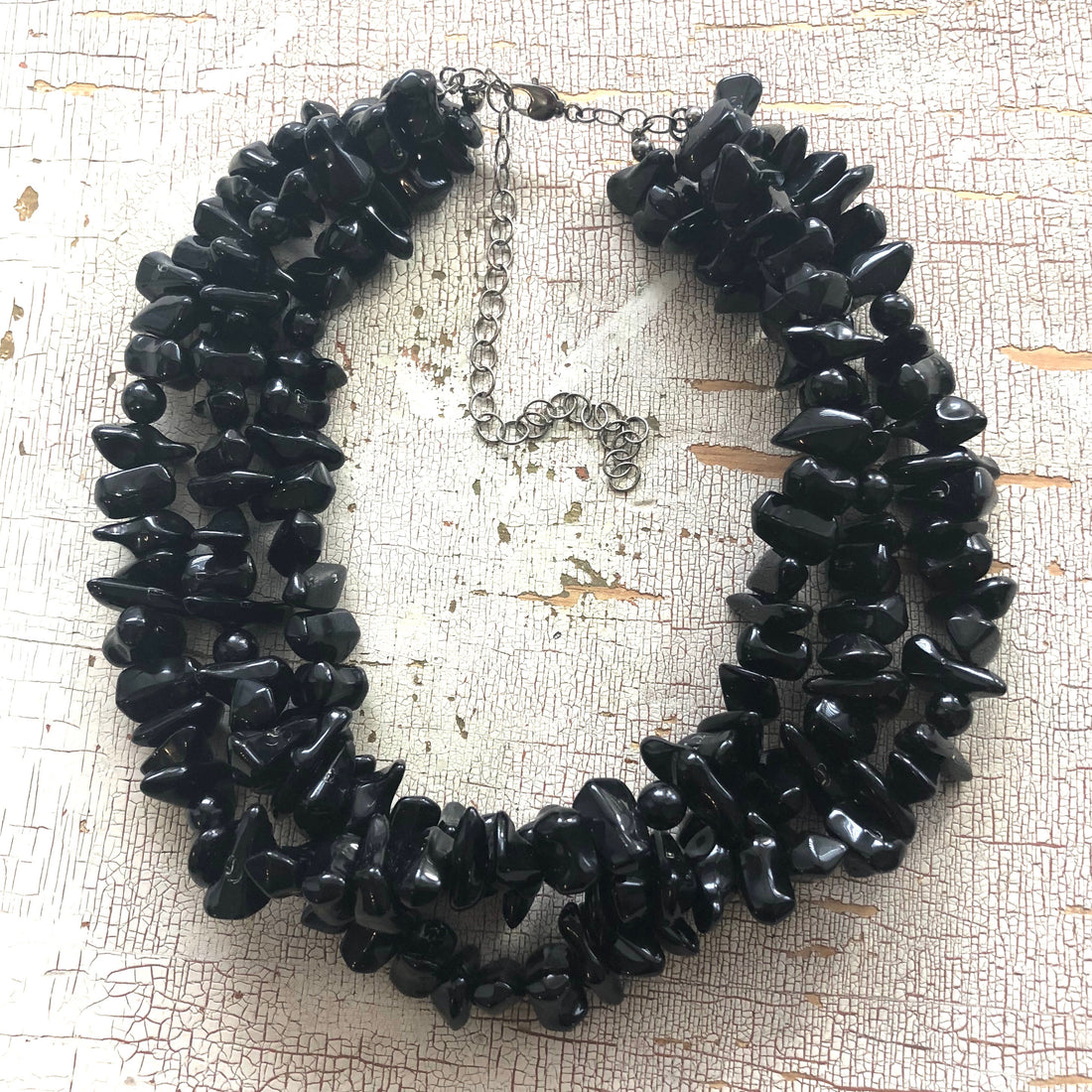 Black Beaded Chunky Chippy Vintage Lucite Morgan Statement Necklace