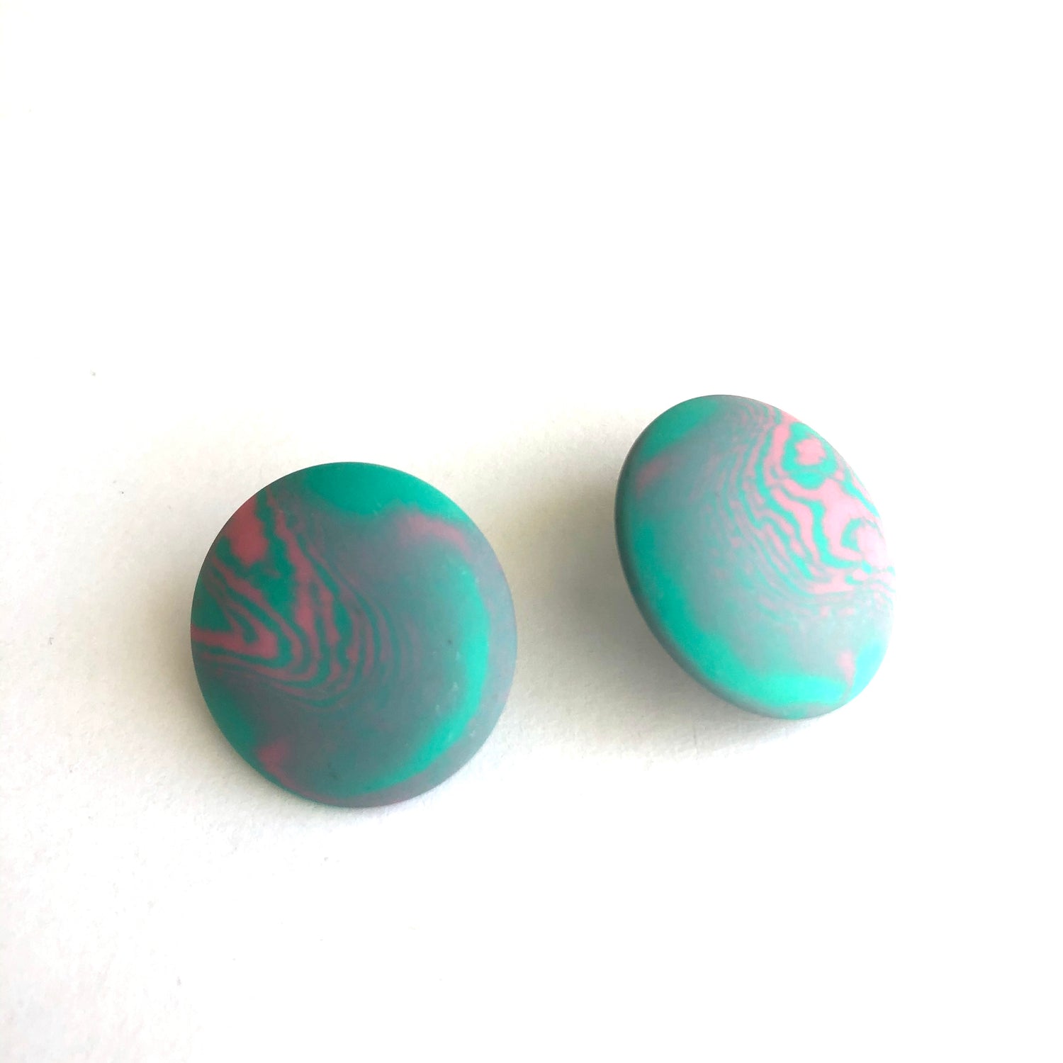 Seafoam Green &amp; Pink Marbled Retro Button Stud Earrings