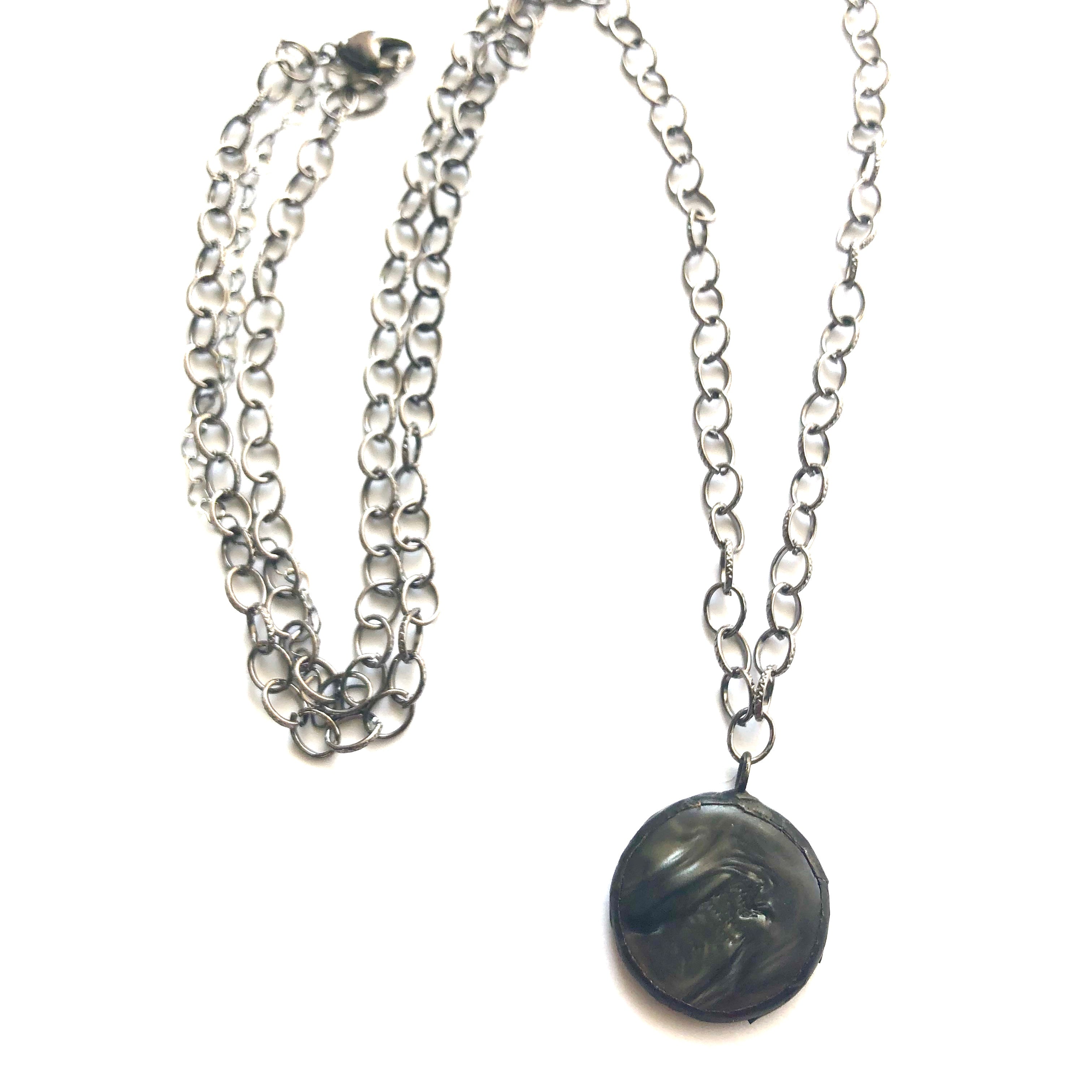 Charcoal Grey Marbled Moonglow &amp; Gun Metal Layering Necklace - Long