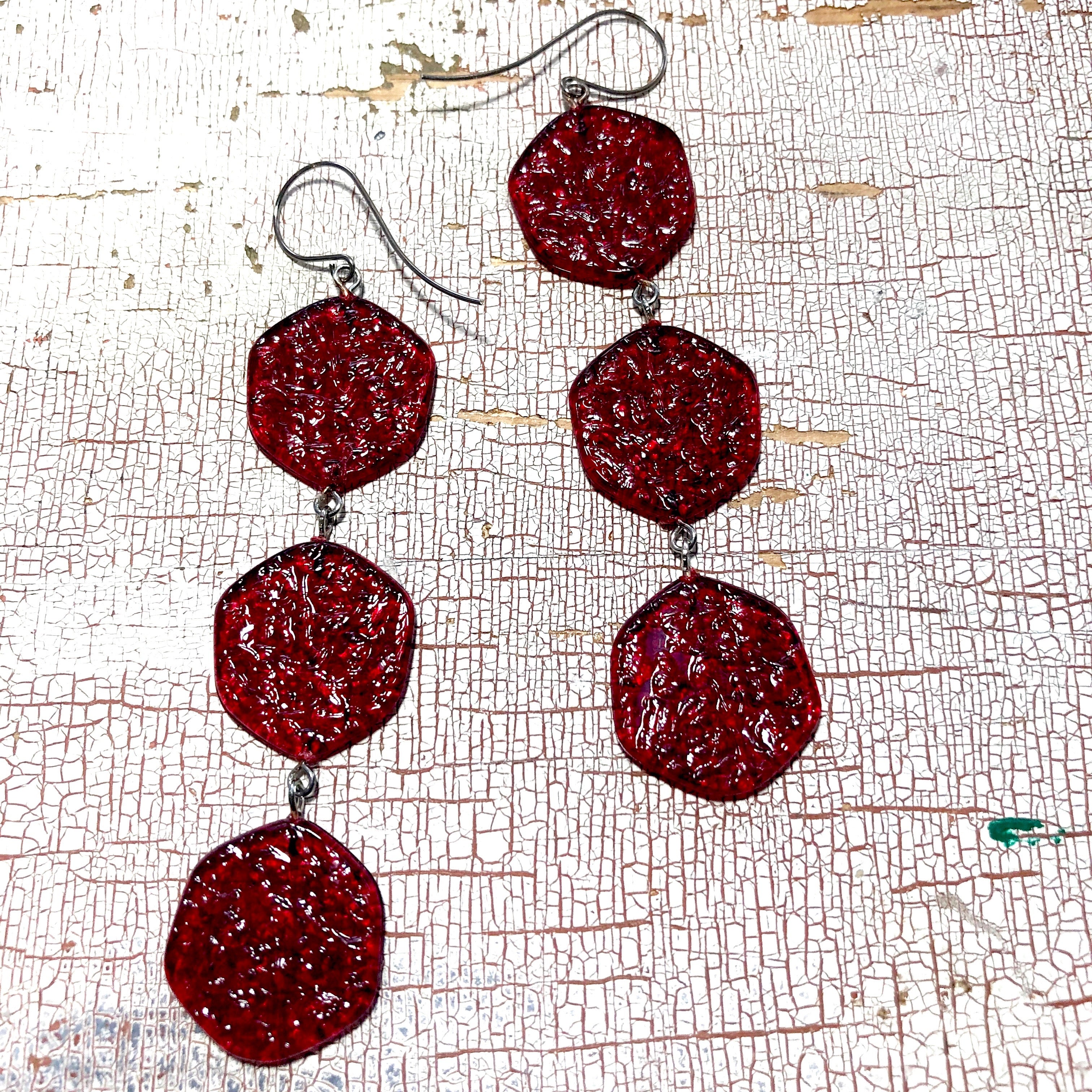 red stained glass drop earrings