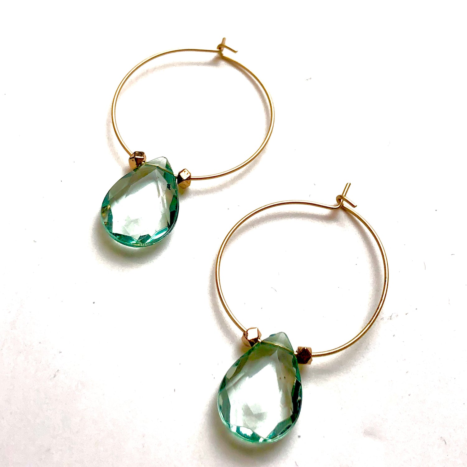 Sage Green Faceted Briolette on Gold Hoop Earrings