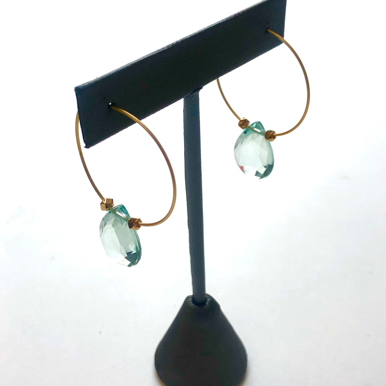 Sage Green Faceted Briolette on Gold Hoop Earrings
