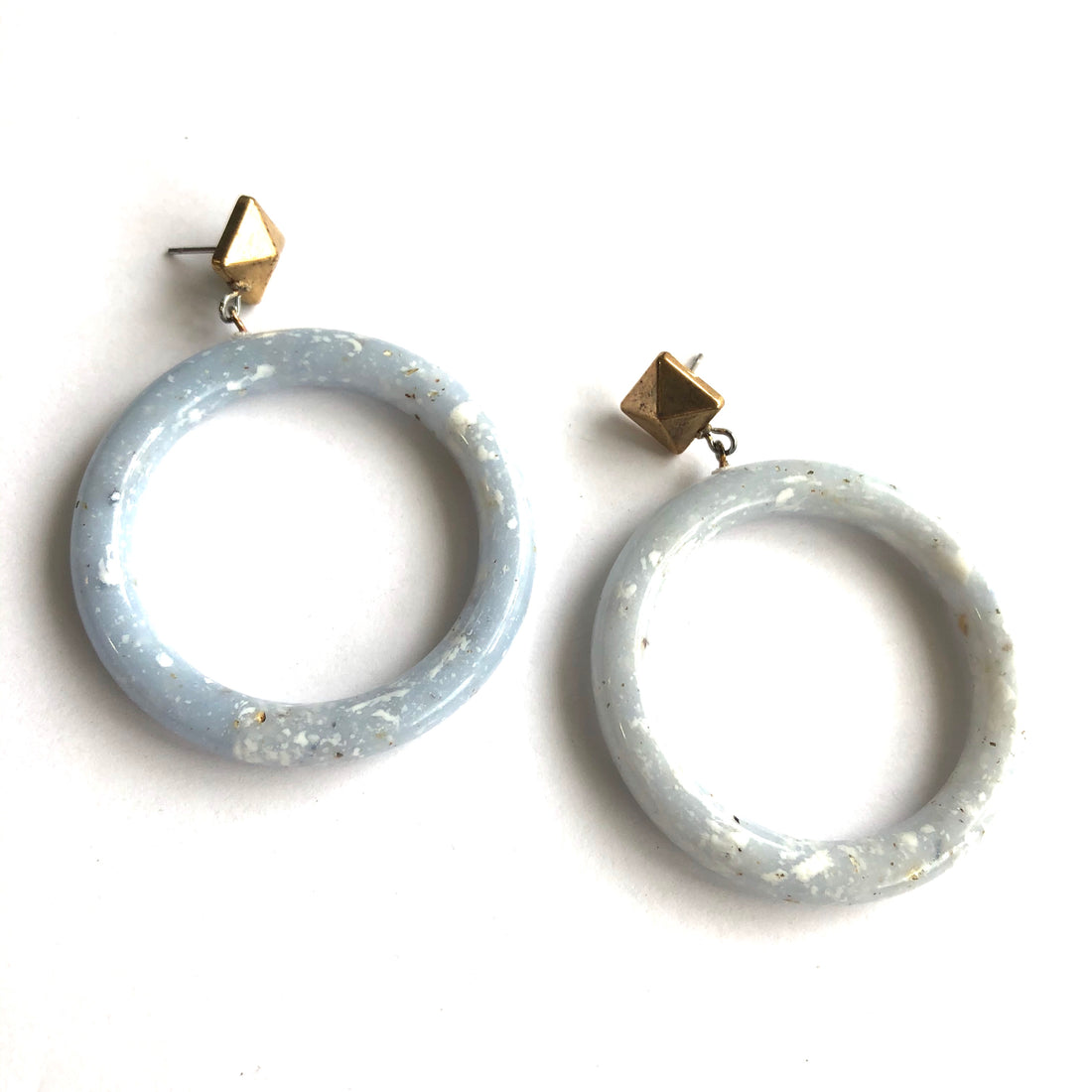 Ice Blue Speckled with Brass Nailhead Donut Drop Earrings