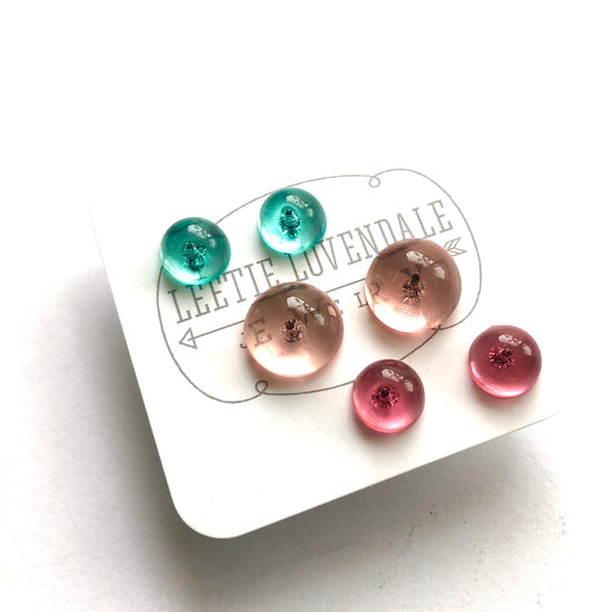 Peach Green & Pink Transparent Retro Button Stud Earring Set