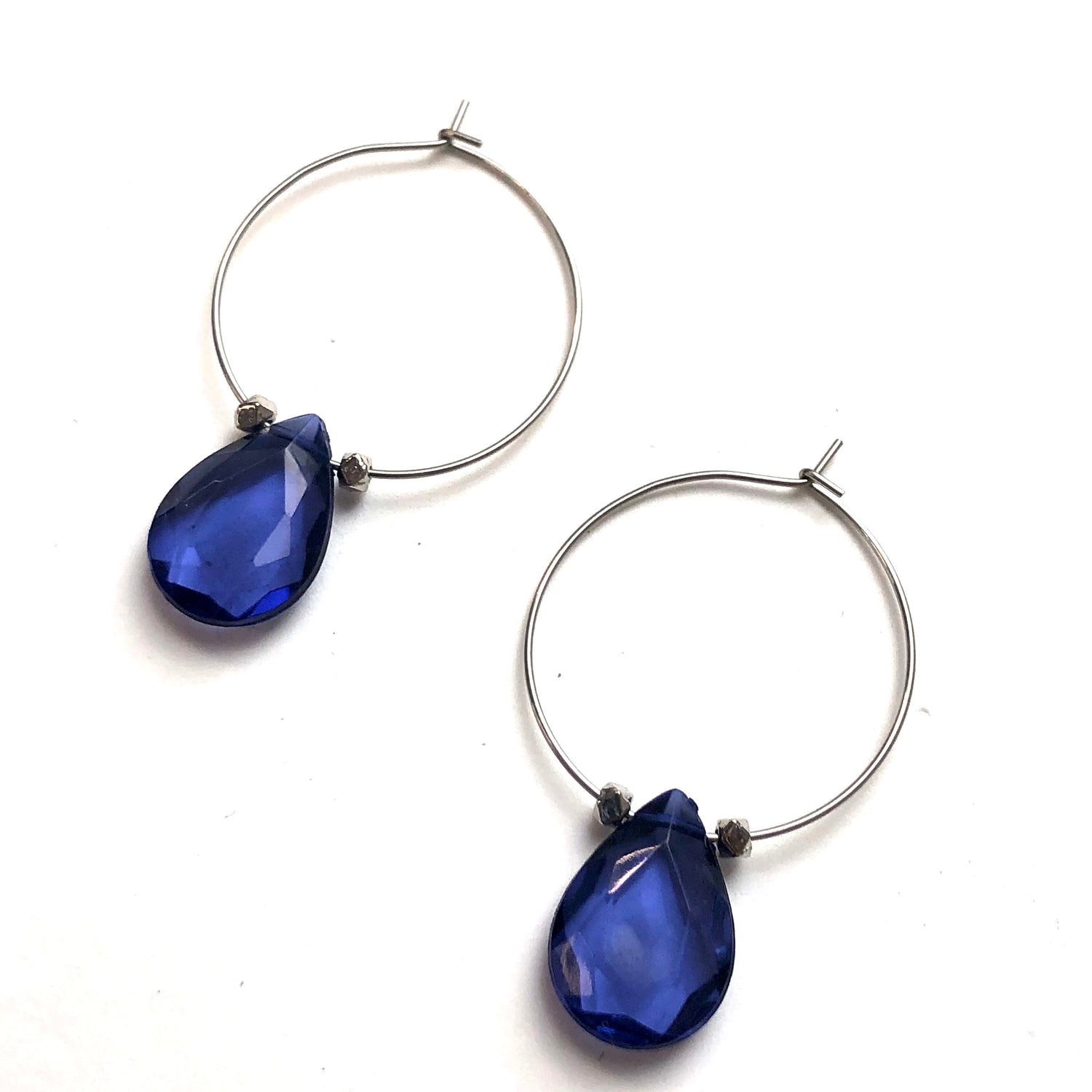 Denim Blue Faceted Briolette Hoop Earrings