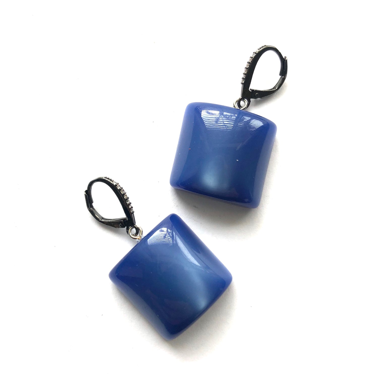 Slate Blue Moonglow Cube &amp; CZ Bling Drop Earrings