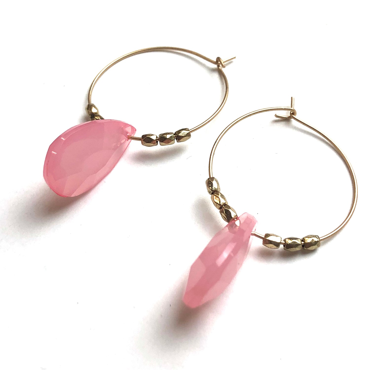 Pink Quartz Faceted Briolette on Gold Hoop Earrings *