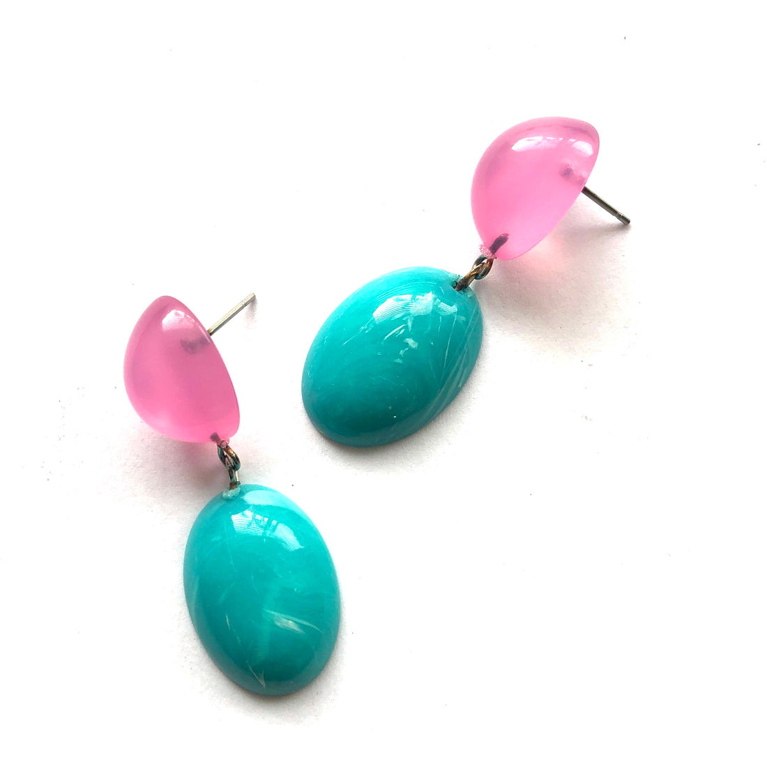 Pink Opal &amp; Deep Teal Jelly Bean Earrings