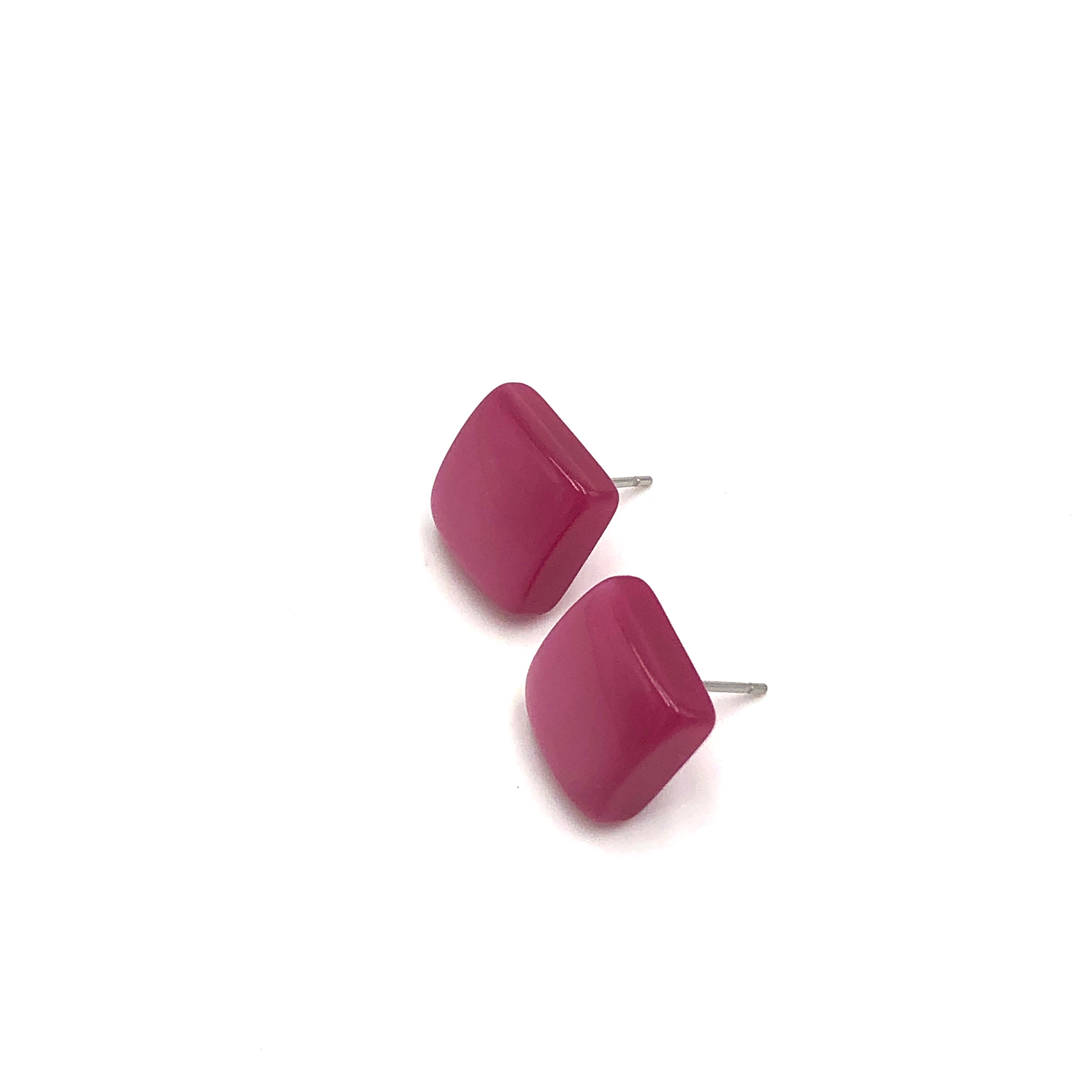 Deep Cranberry Moonglow Beveled Square Stud Earrings