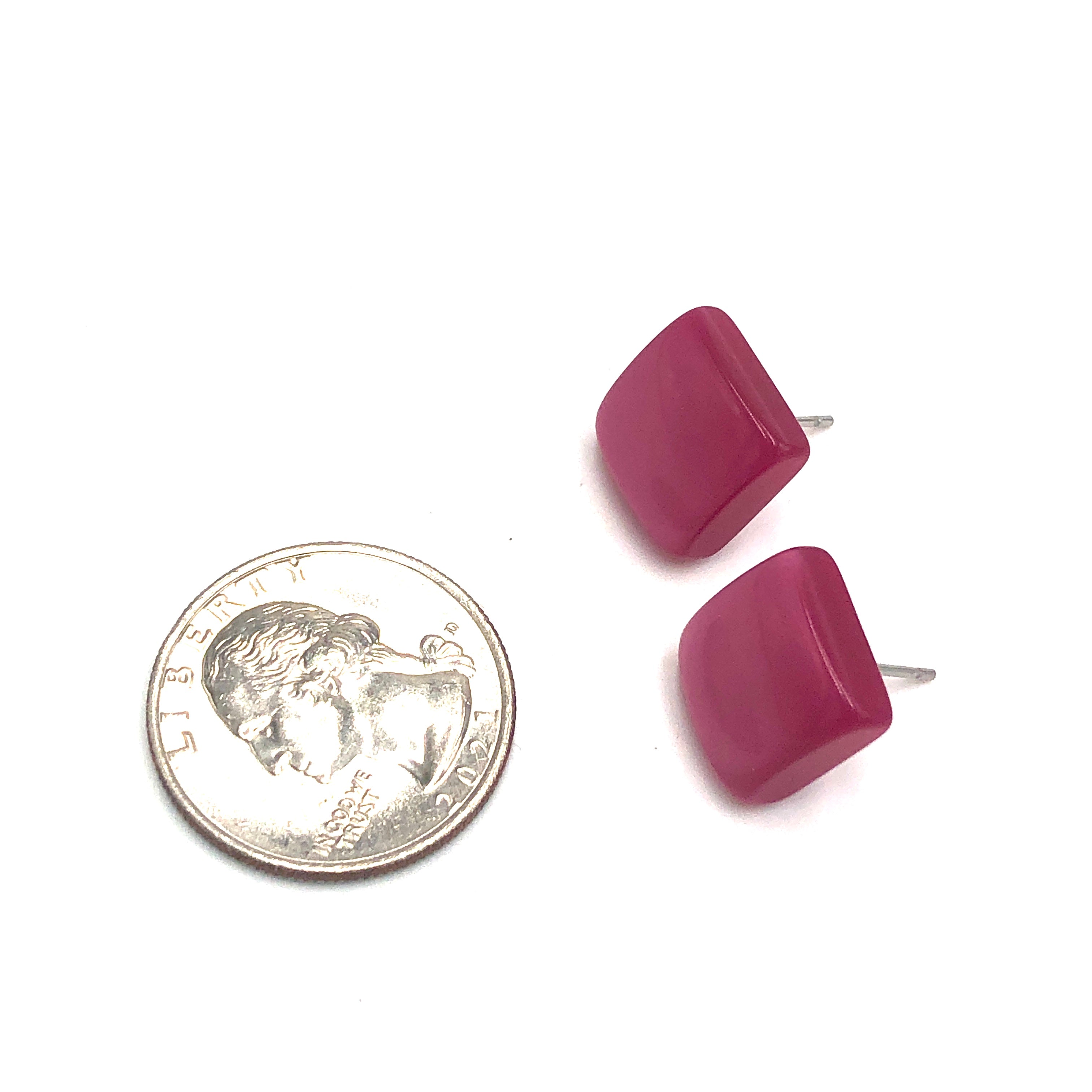 Deep Cranberry Moonglow Beveled Square Stud Earrings