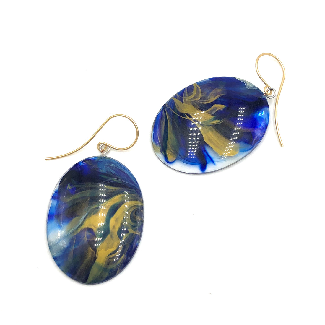 Cobalt &amp; Gold Marbled Lucite Drop Earrings