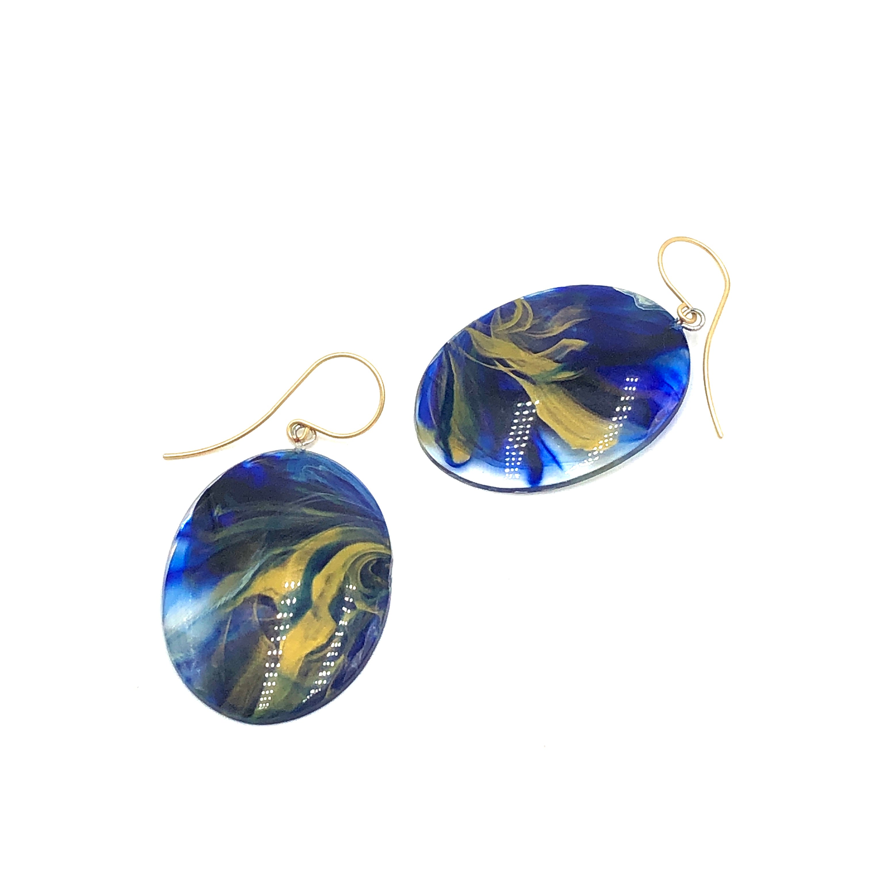 Cobalt &amp; Gold Marbled Lucite Drop Earrings