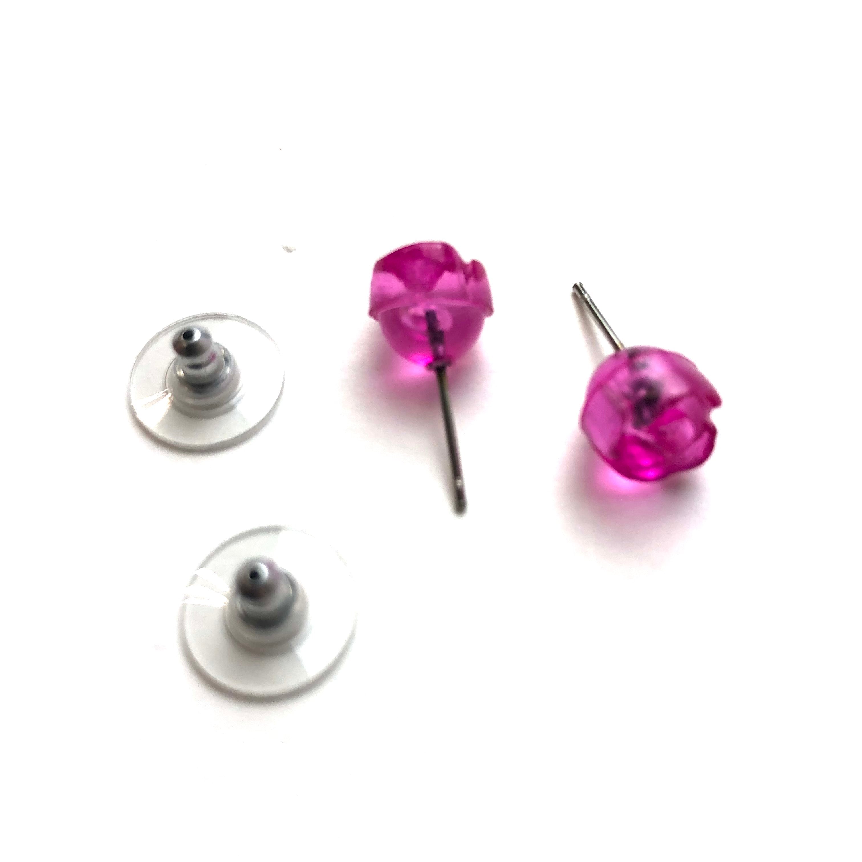 Hot Pink Carved Lucite Rose Stud Earrings
