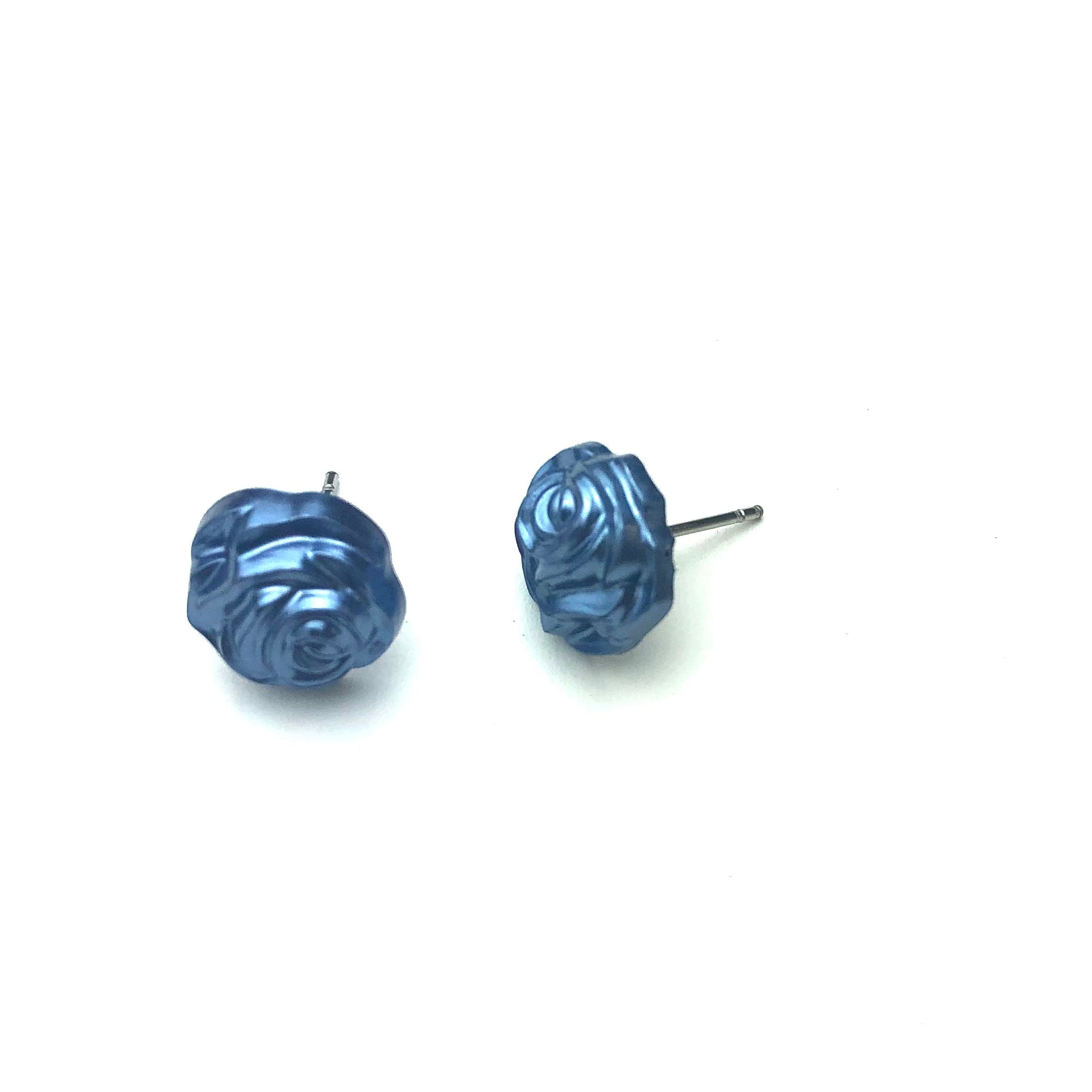 Midnight Blue Pearl Rose Button Stud Earrings