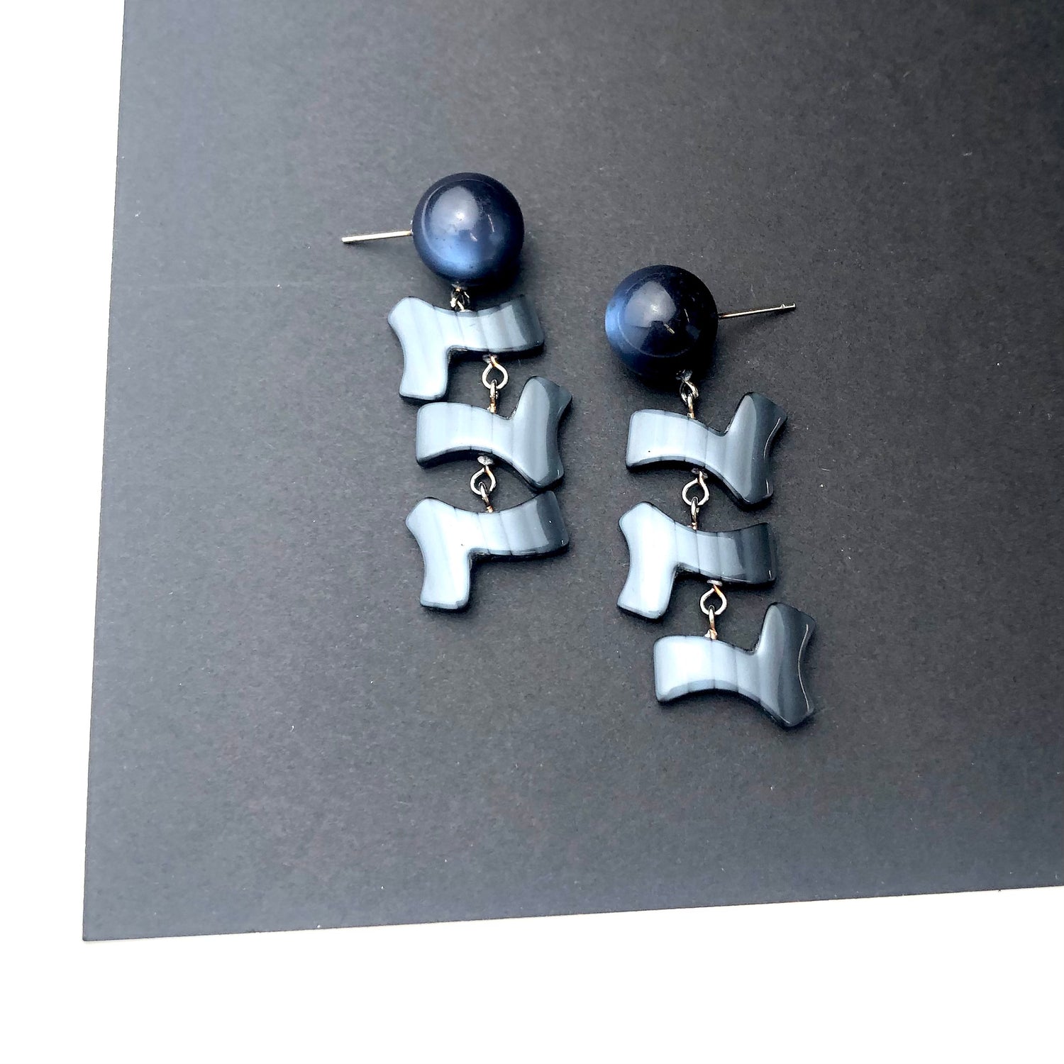 Midnight Blue &amp; Slate Moonglow Zag Statement Earrings *
