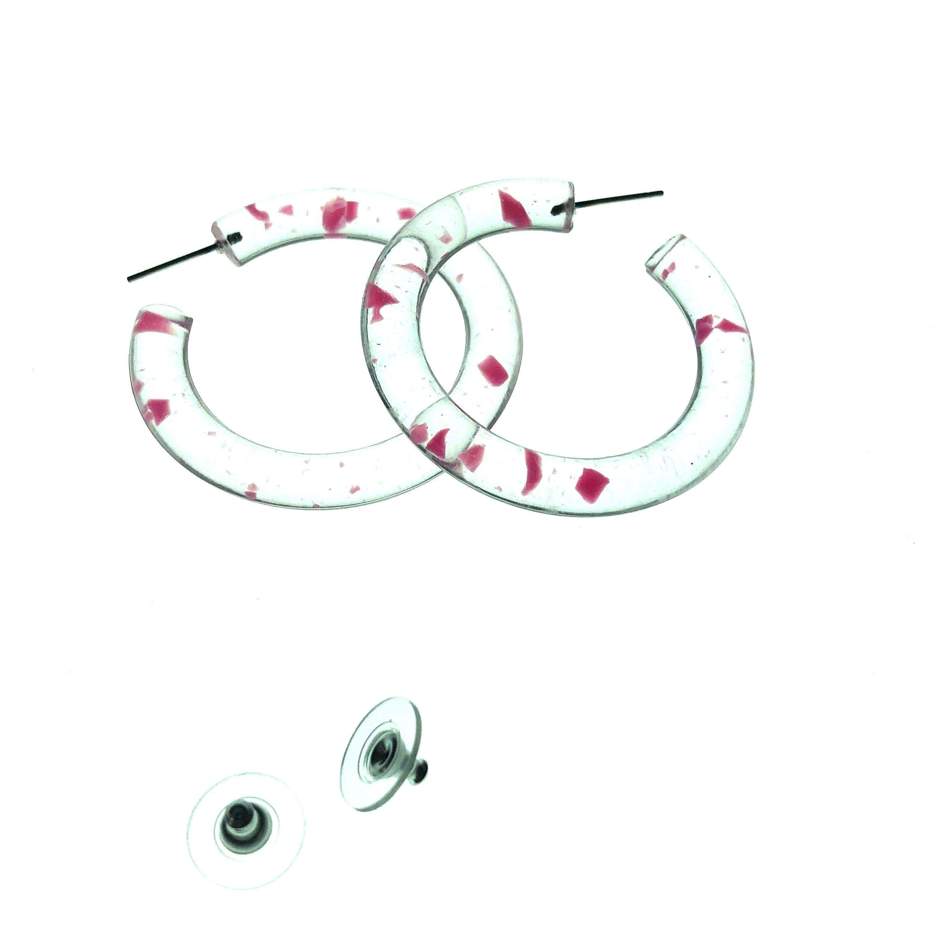 Pink &amp; Clear Confetti Hoop Earrings - 1.75&quot;