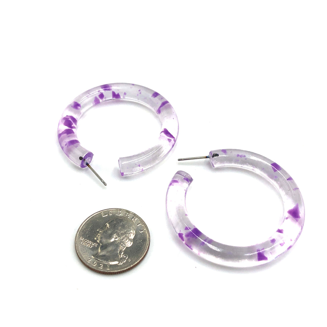 Purple &amp; Clear Confetti Hoop Earrings - 1.75&quot;