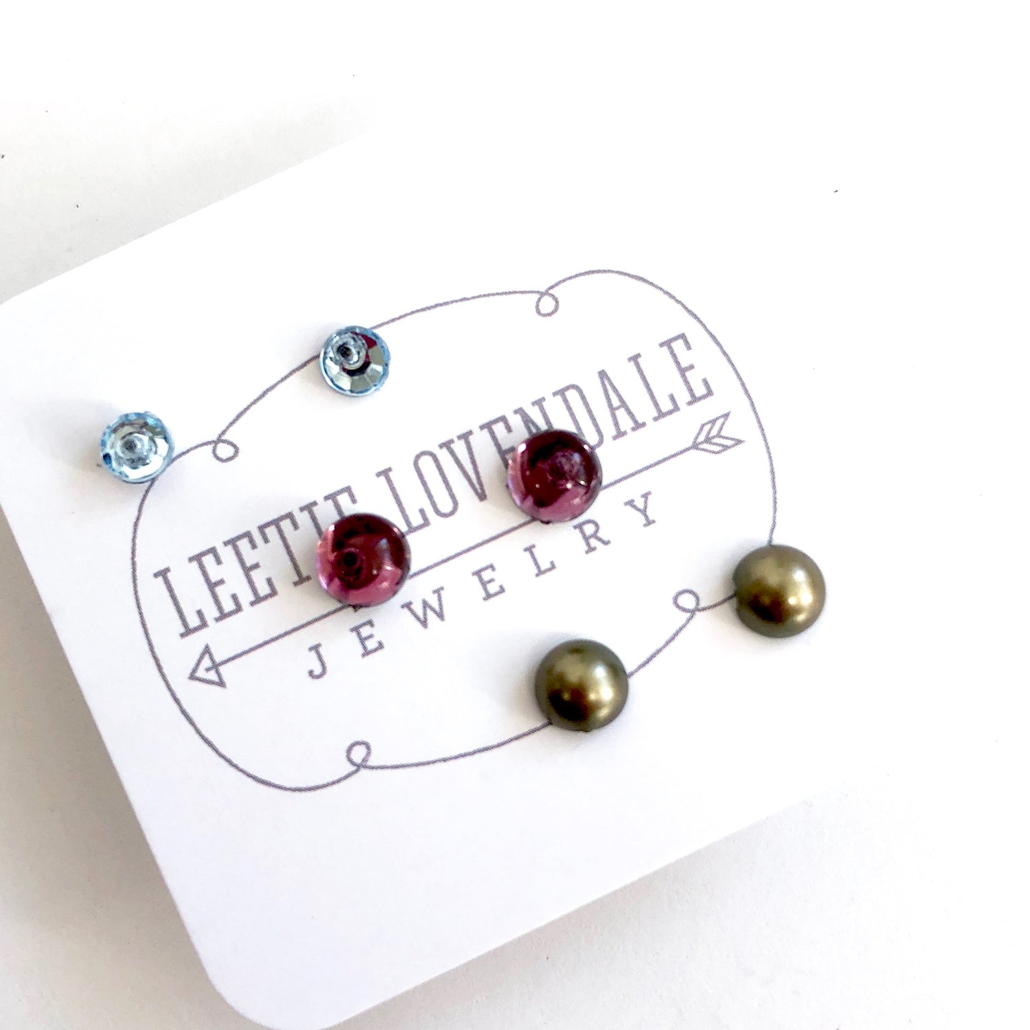Tiny Bling &amp; Pearls Studs Set | Green Pearl Amethyst &amp; Ice Blue