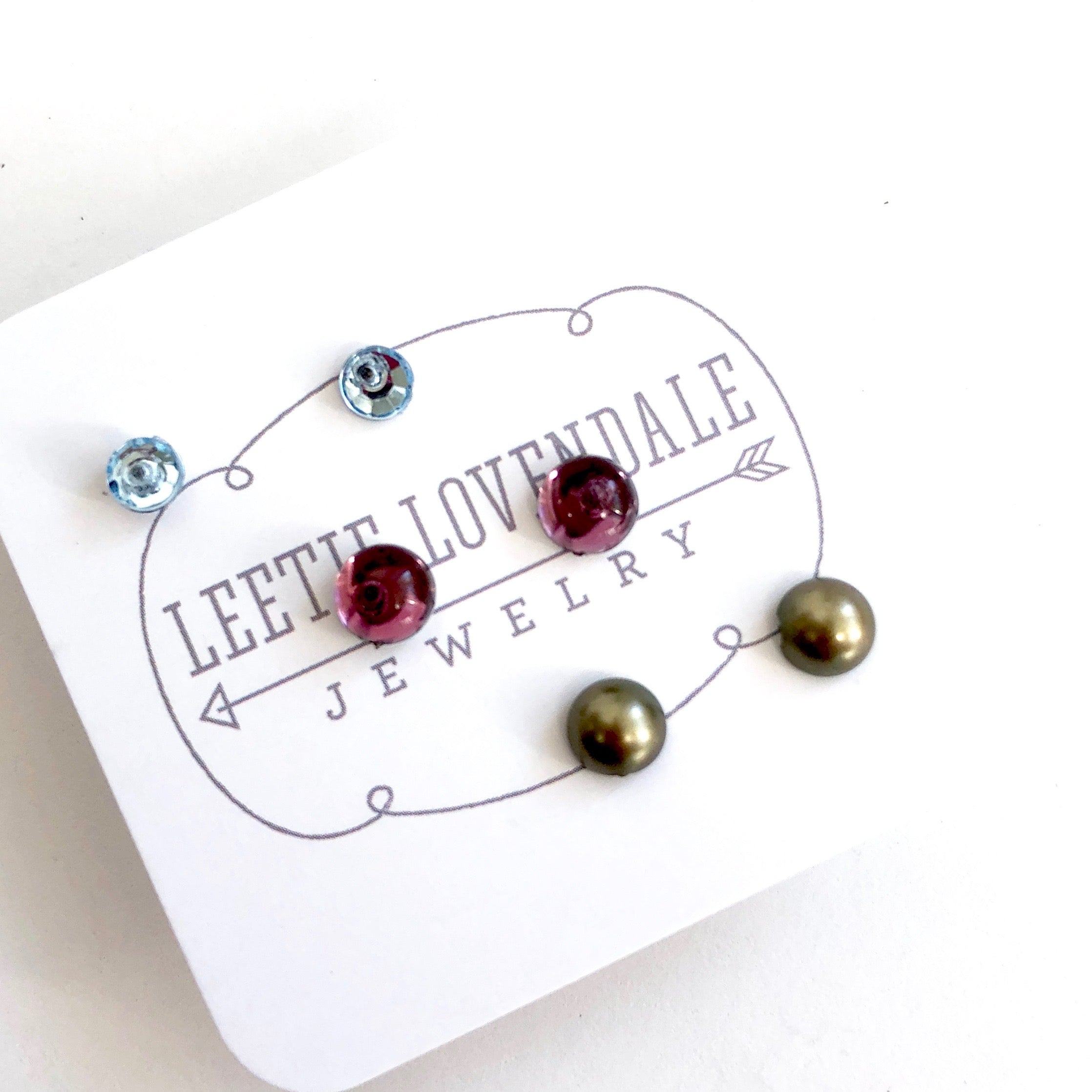 Tiny Bling &amp; Pearls Studs Set | Green Pearl Amethyst &amp; Ice Blue