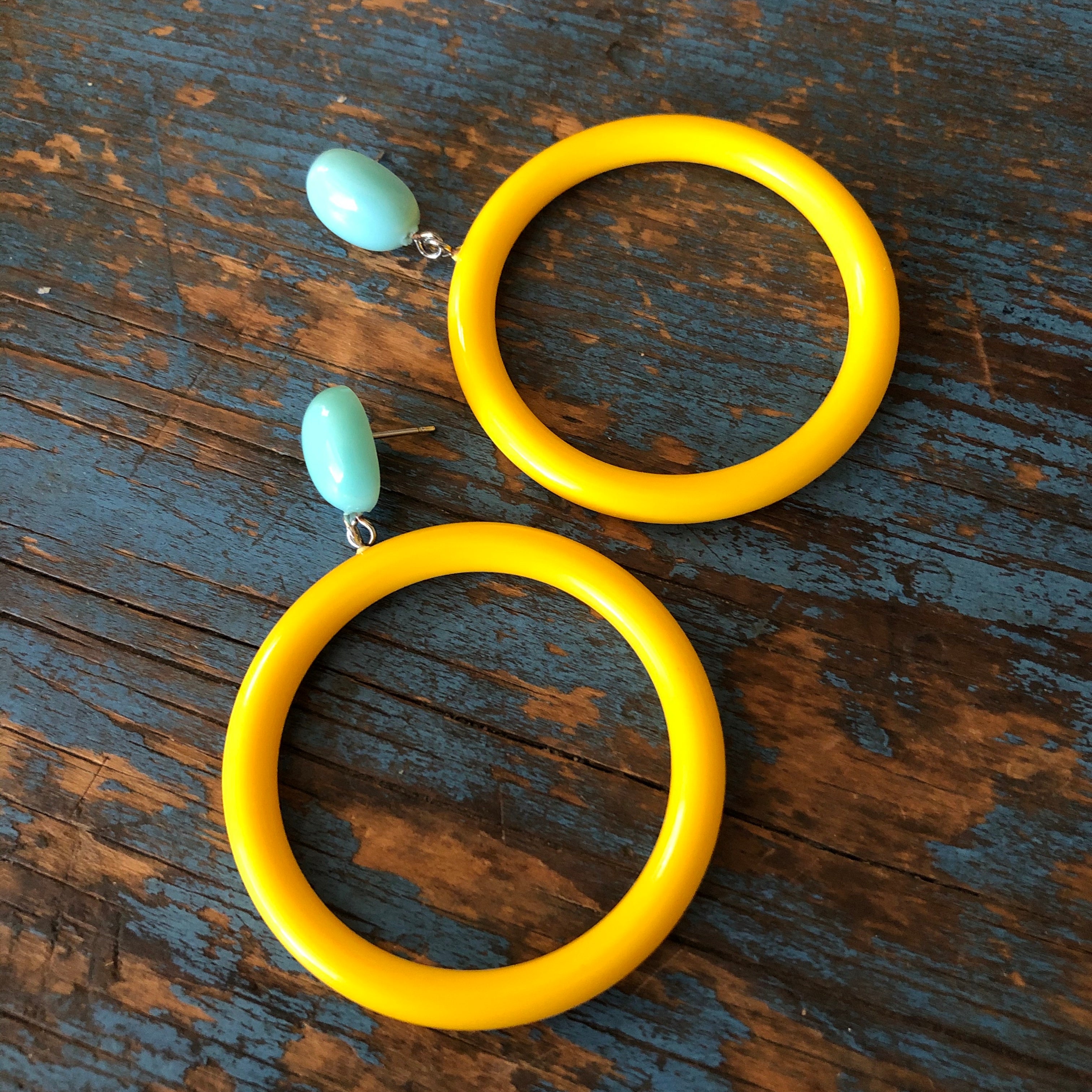 Turquoise &amp; Yellow Go Go Hoop Donut Drop Earrings