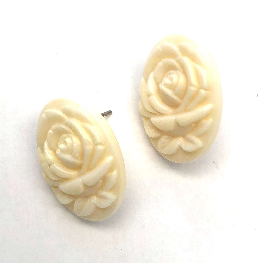 Cream Lucite Carved Rose Oval Button Stud Earrings